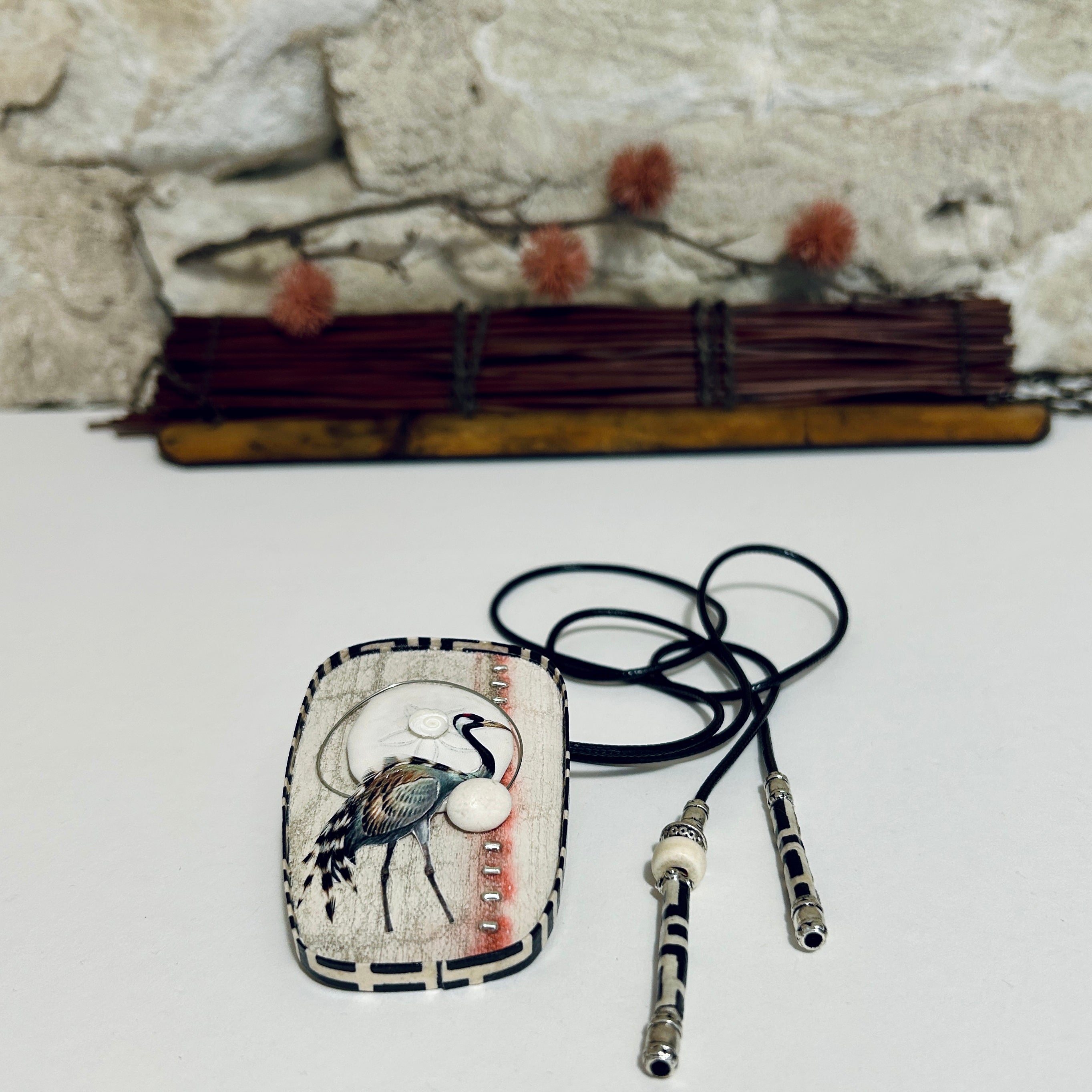 Waterbird & Shell Collage Pendant Necklace Brooch: 5cm x 8cm