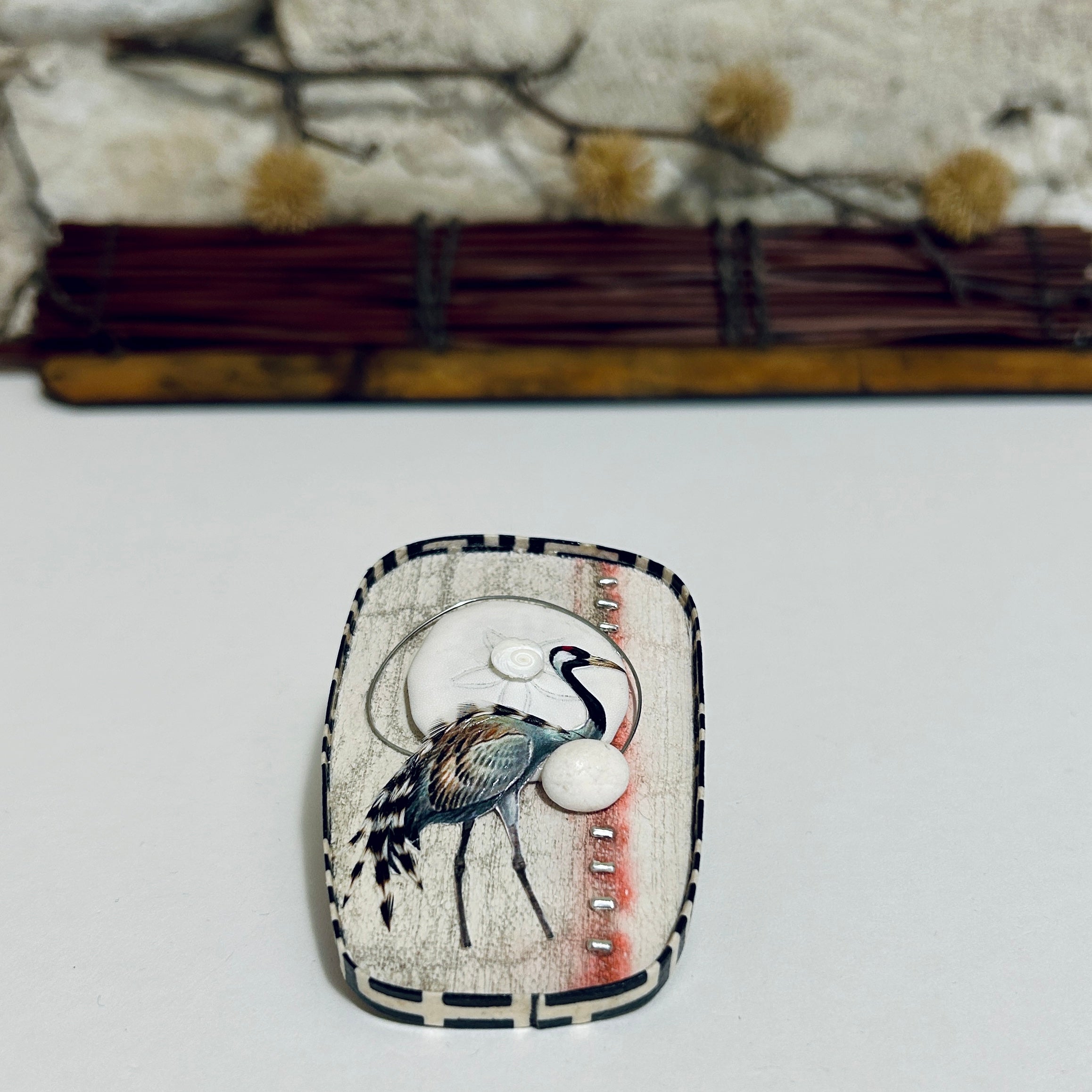 Waterbird & Shell Collage Pendant Necklace Brooch: 5cm x 8cm