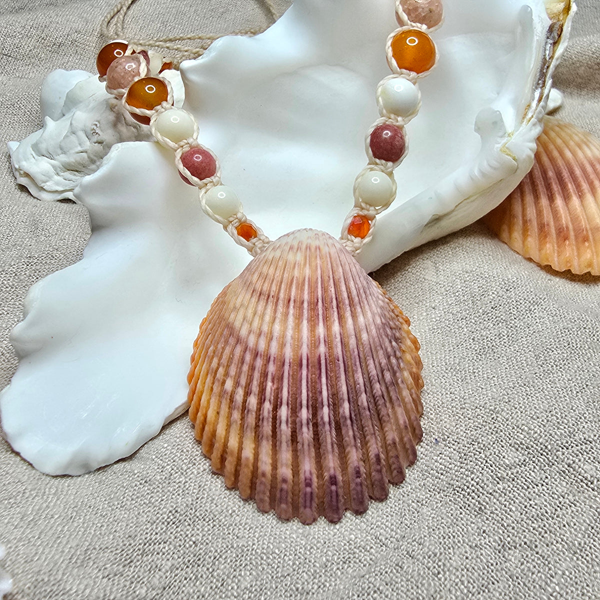 Cockle Shell Necklace with Carnelian, Peach Calcite & Thulite