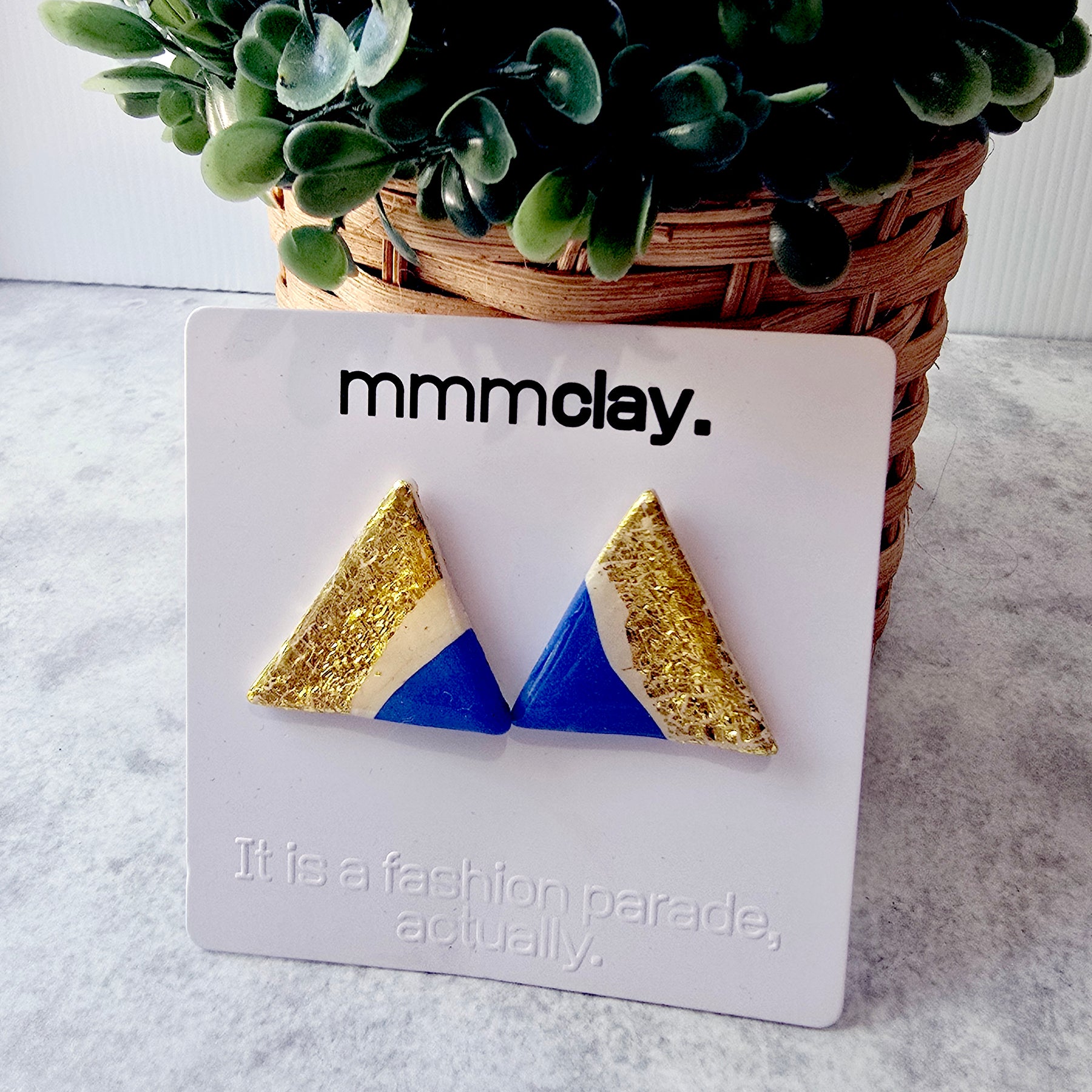 Bright Blue Gold Triangle Handmade Polymer Clay Studs