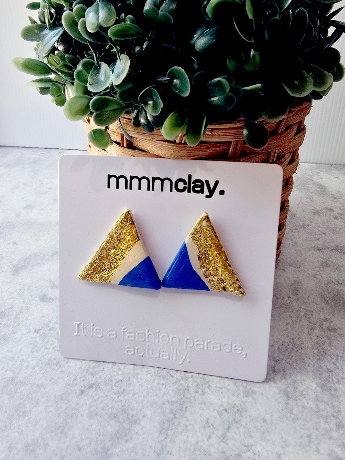 Bright Blue Gold Triangle Handmade Polymer Clay Studs