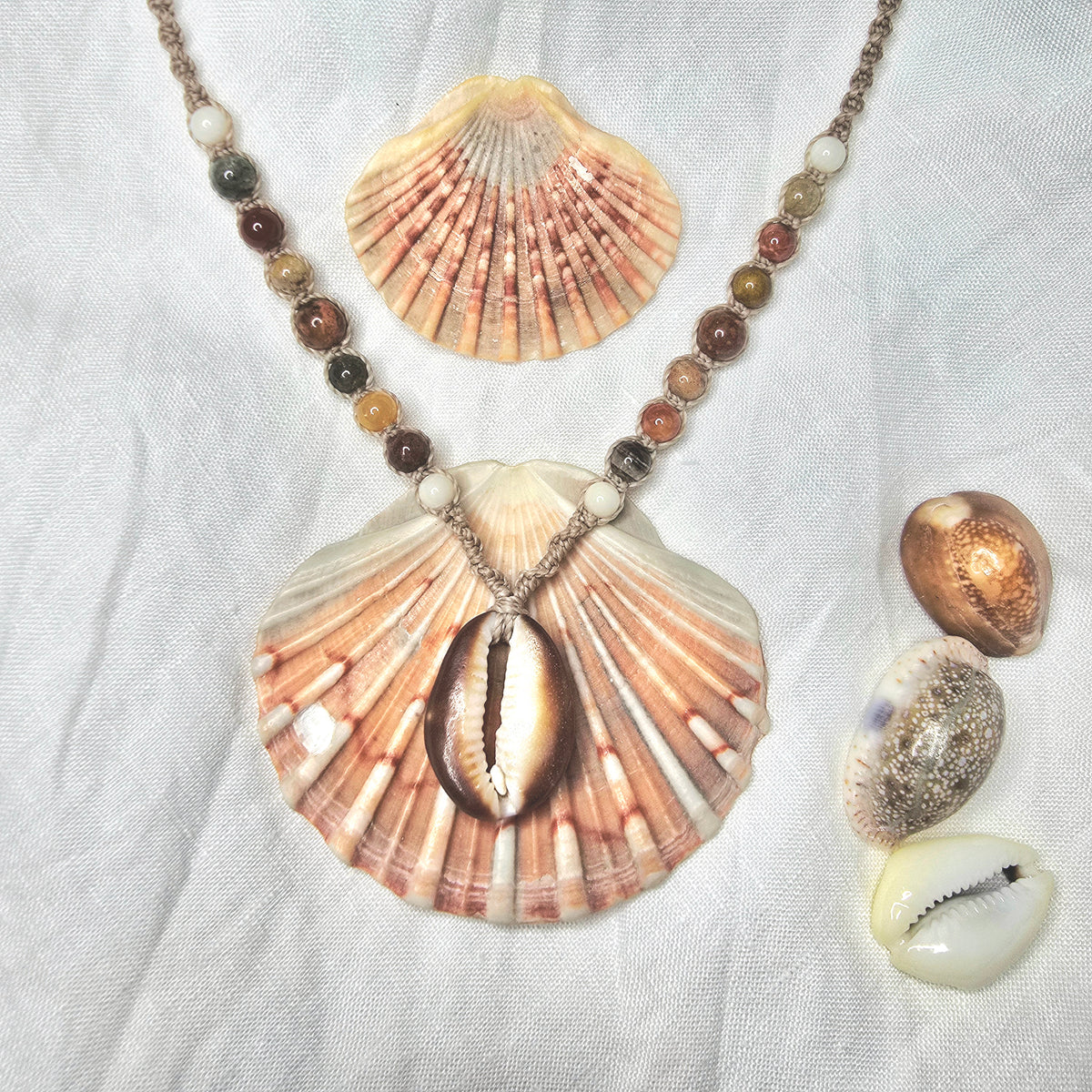 Cowrie Shell and Ocean Agate macrame Necklace