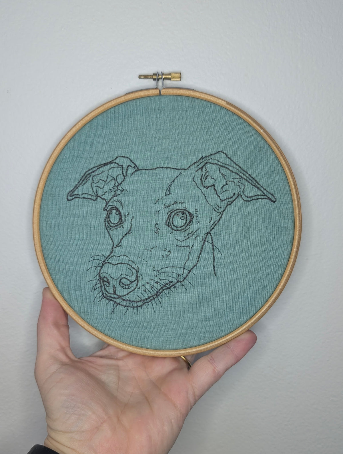 Custom, personalised, hand embroidered pet portrait: monochrome outline only