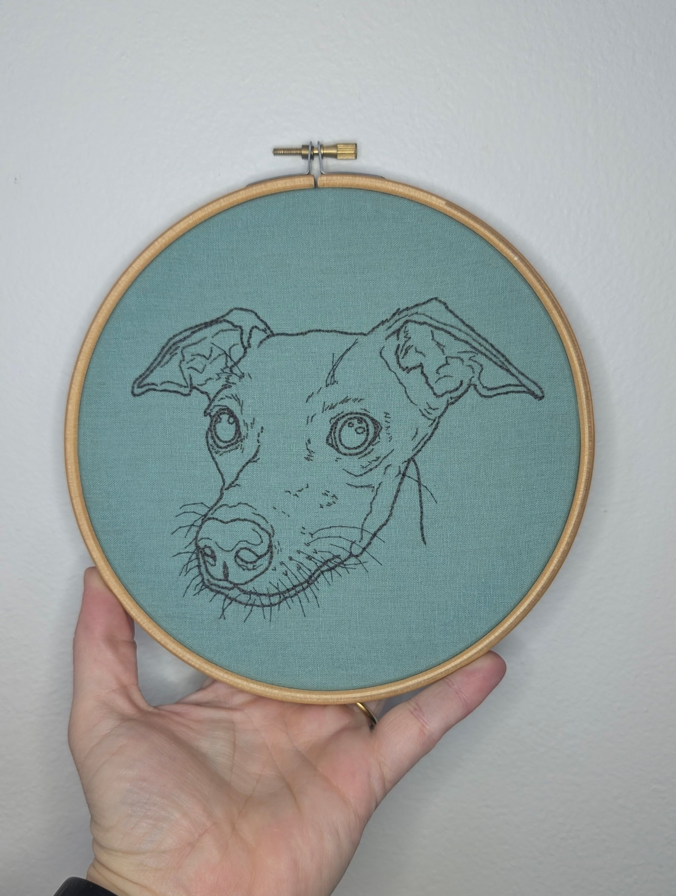 Hand sewn monochrome embroidery, Italian Greyhound in 7" hoop