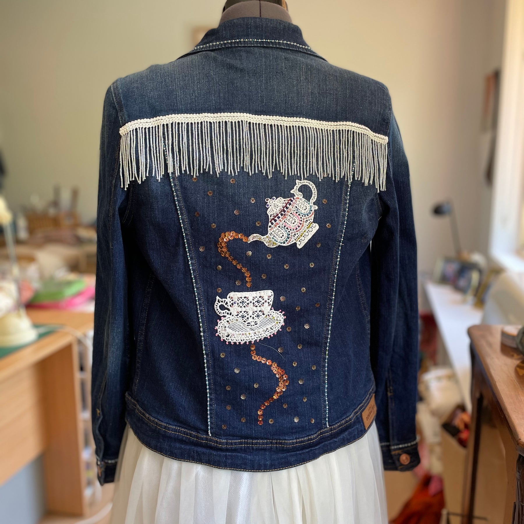 Upcycled Denim Jacket, Hand Beaded Teapot Embroidery