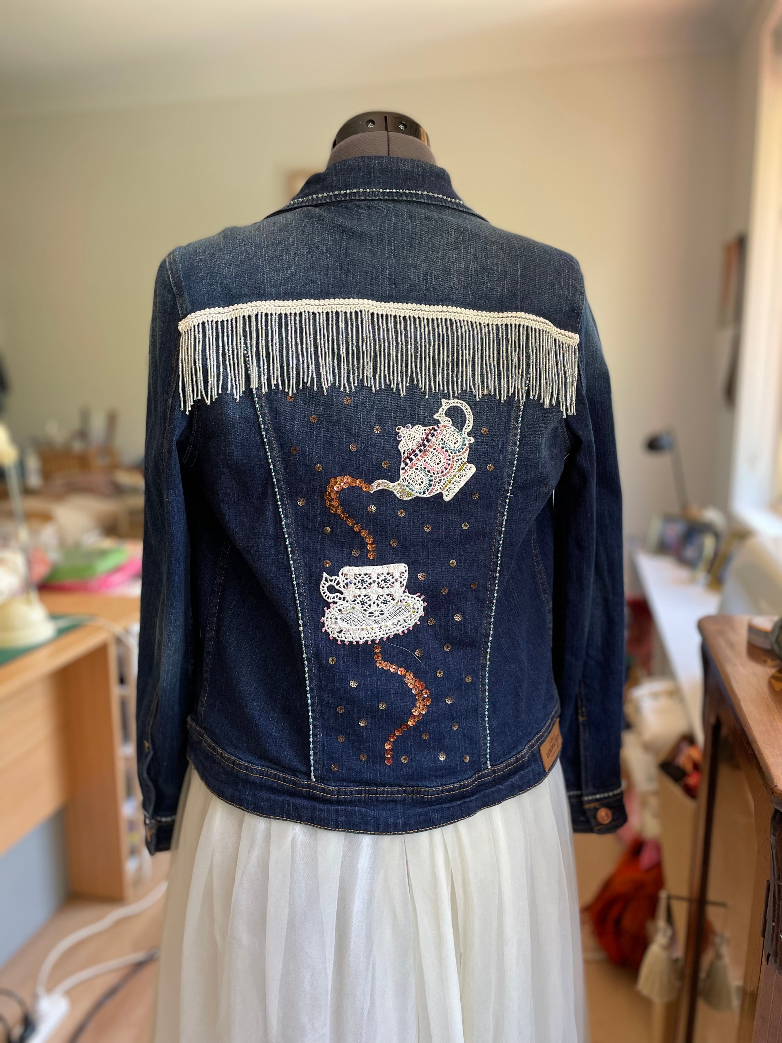 Upcycled Denim Jacket, Hand Beaded Teapot Embroidery