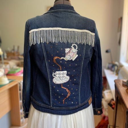Upcycled Denim Jacket, Hand Beaded Teapot Embroidery