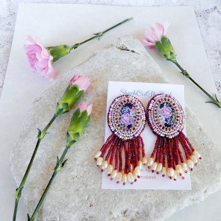 Pink Bead Embroidered Cabochon Earrings