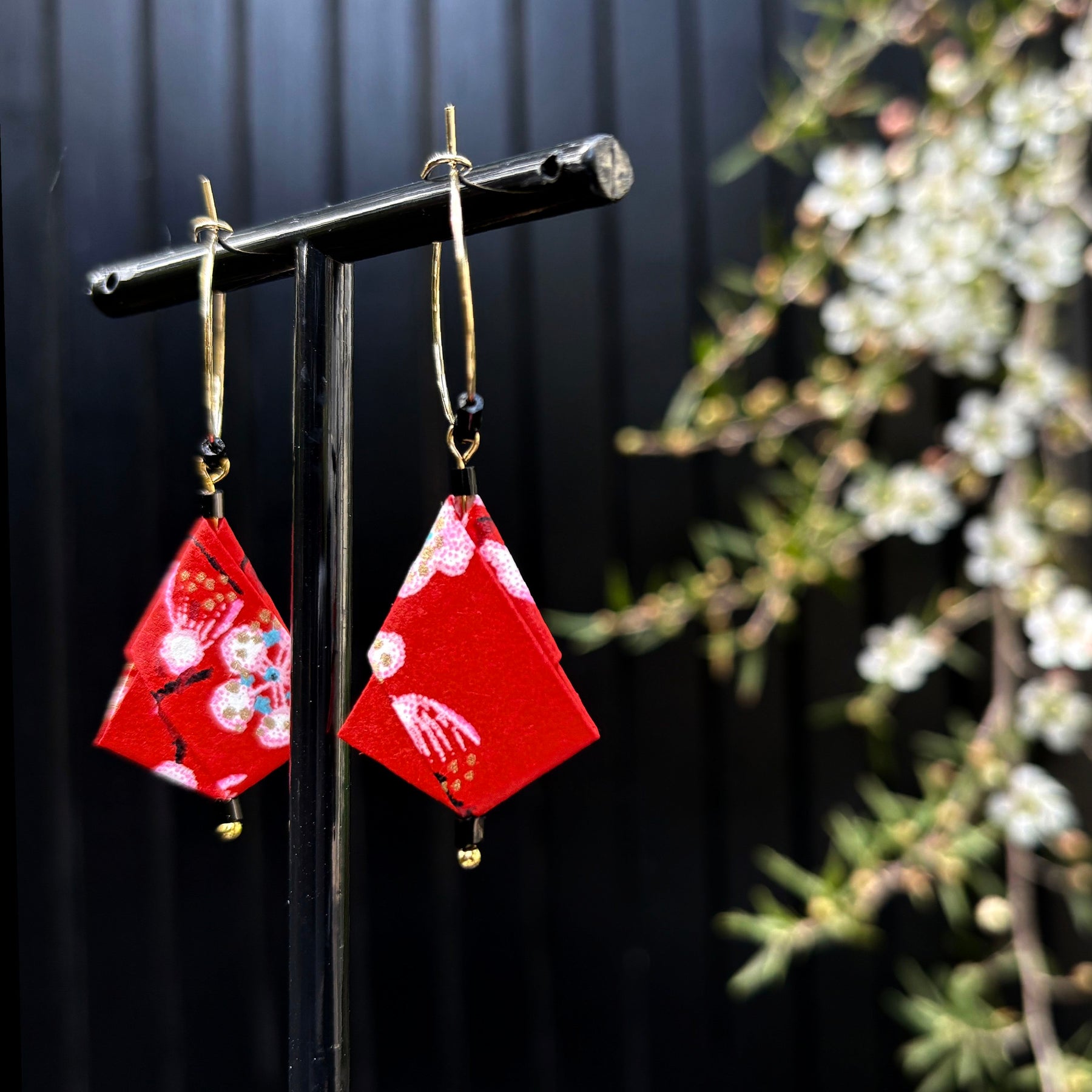 Origami Hoop Earrings – Crimson Plum.  Japanese Yuzen Chiyogami