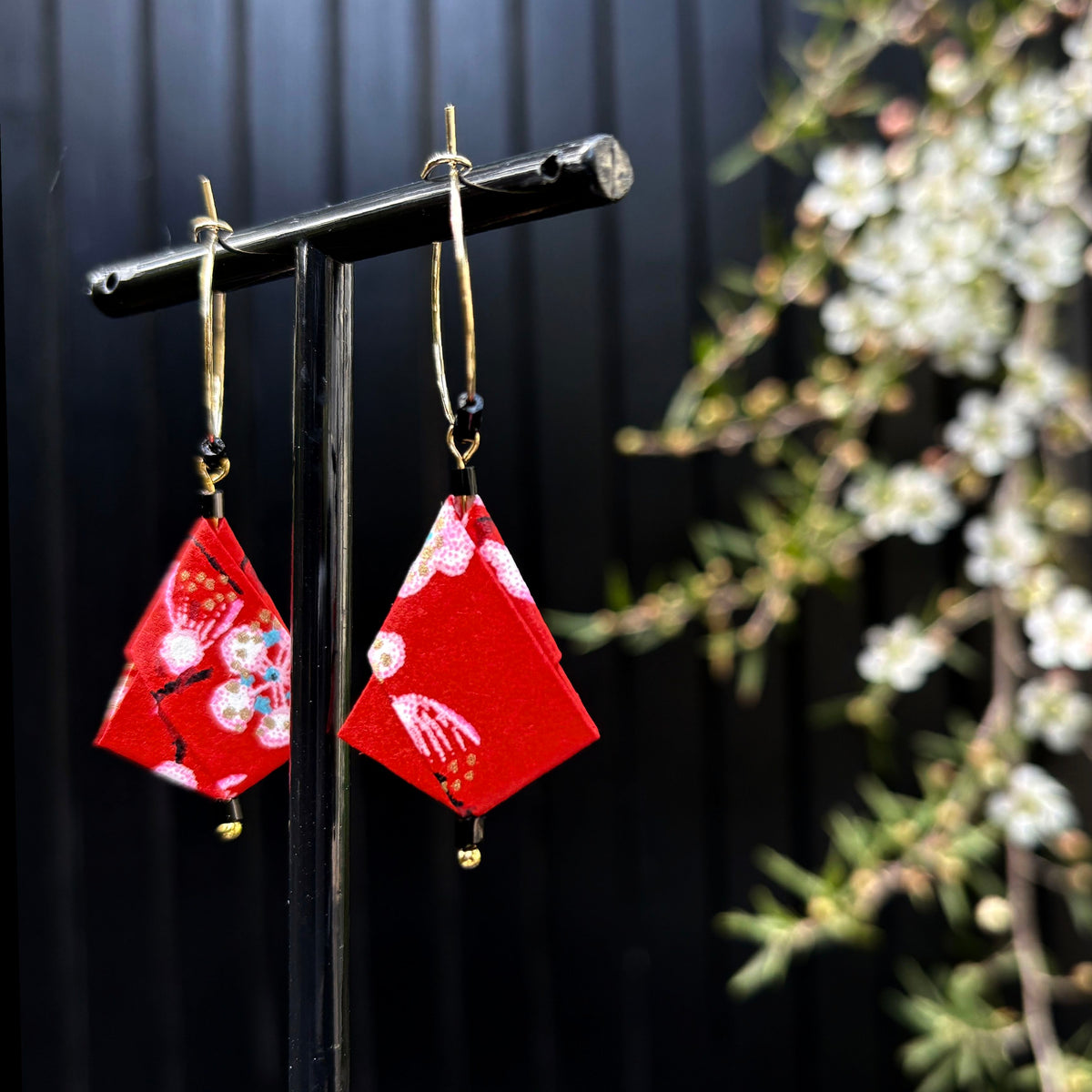 Origami Hoop Earrings – Crimson Plum.  Japanese Yuzen Chiyogami