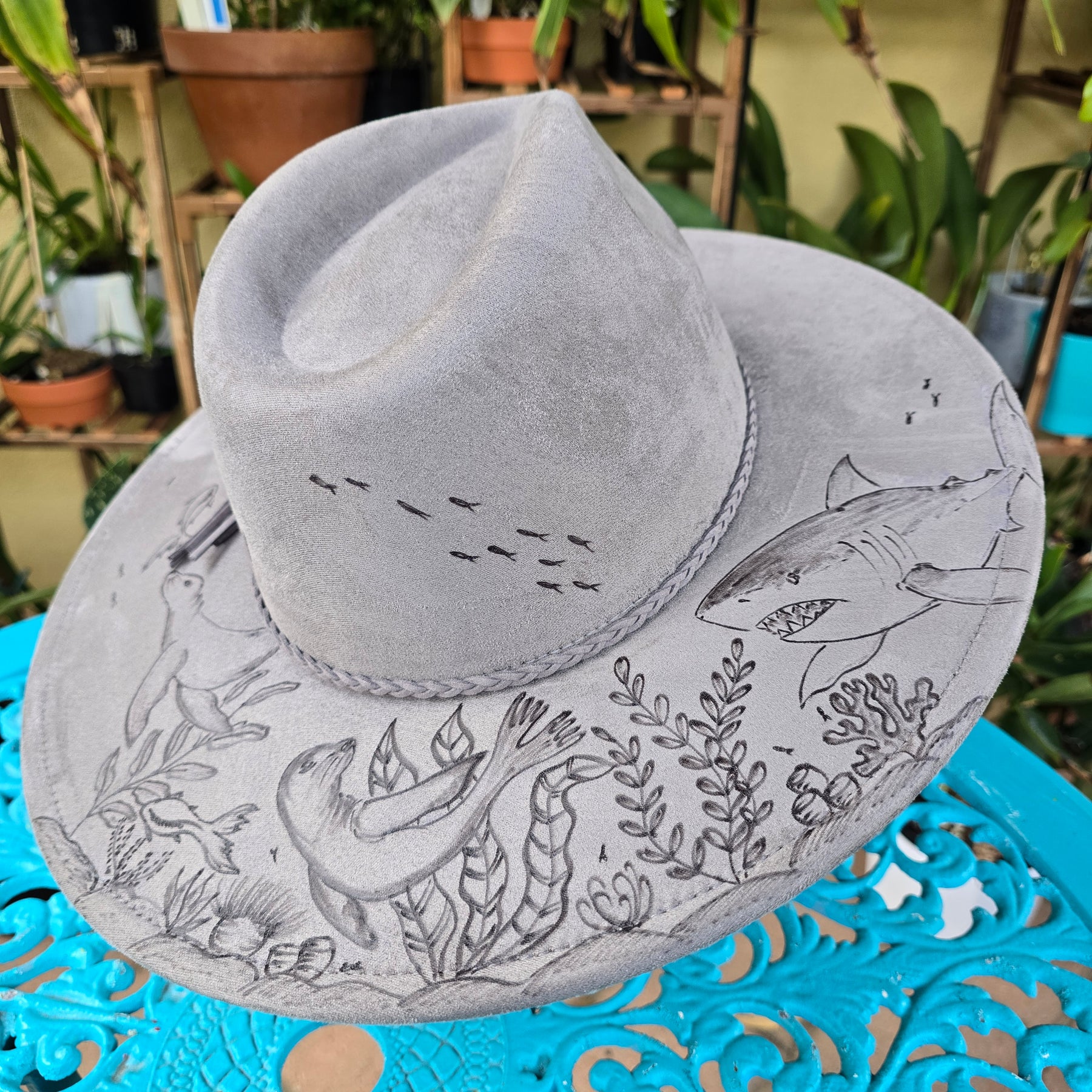 Hand burnt fedora hat -- The Hunter of the deep