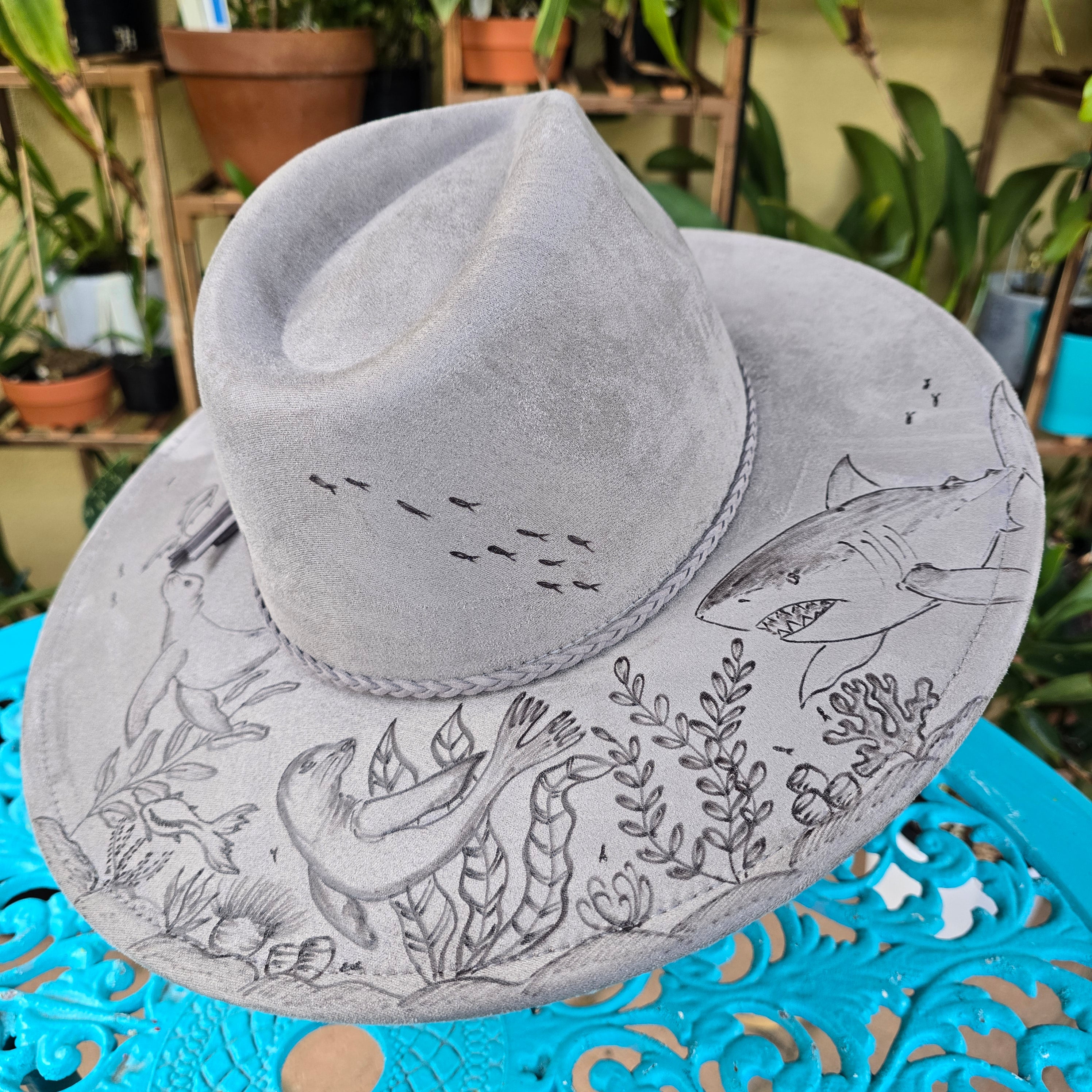 Hand burnt fedora hat -- The Hunter of the deep