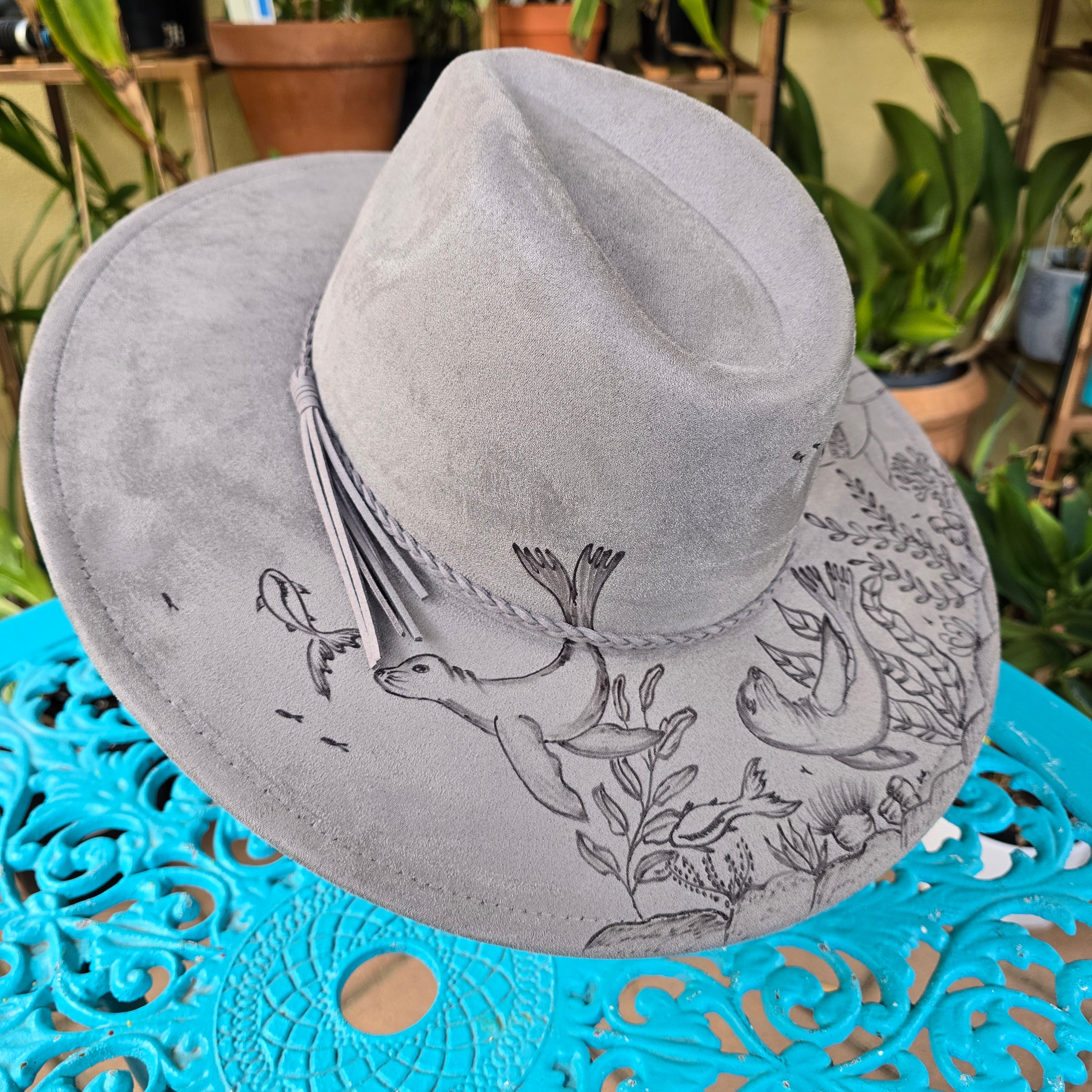 Hand burnt fedora hat -- The Hunter of the deep