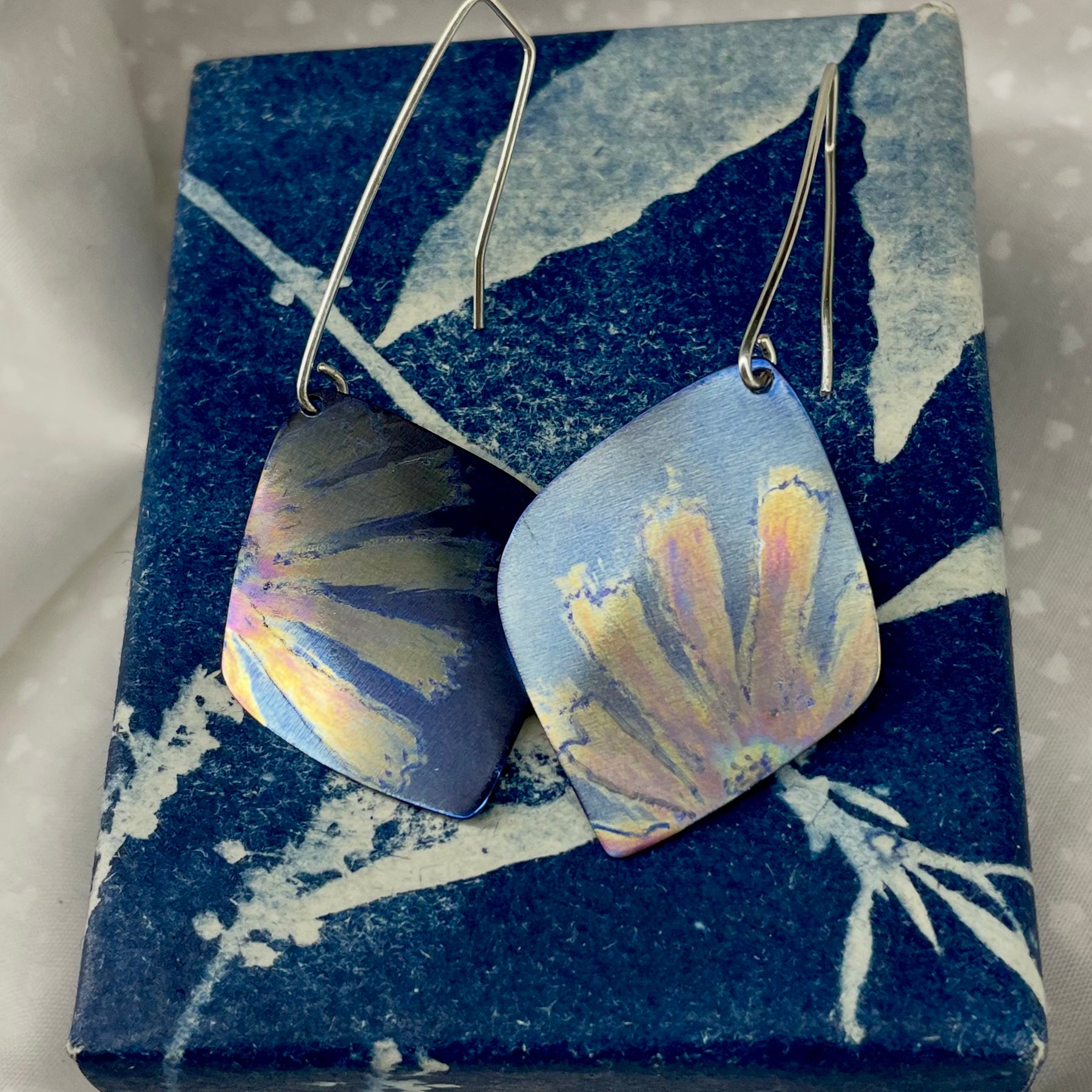 Titanium Statement Dangles with Painted Floral Design-Blue, Yellow and Orange