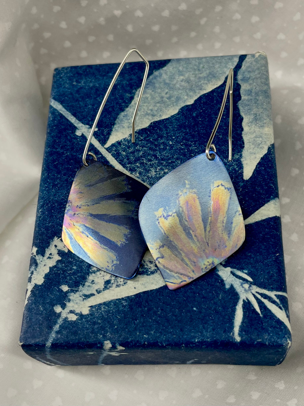 Titanium Statement Dangles with Painted Floral Design-Blue, Yellow and Orange