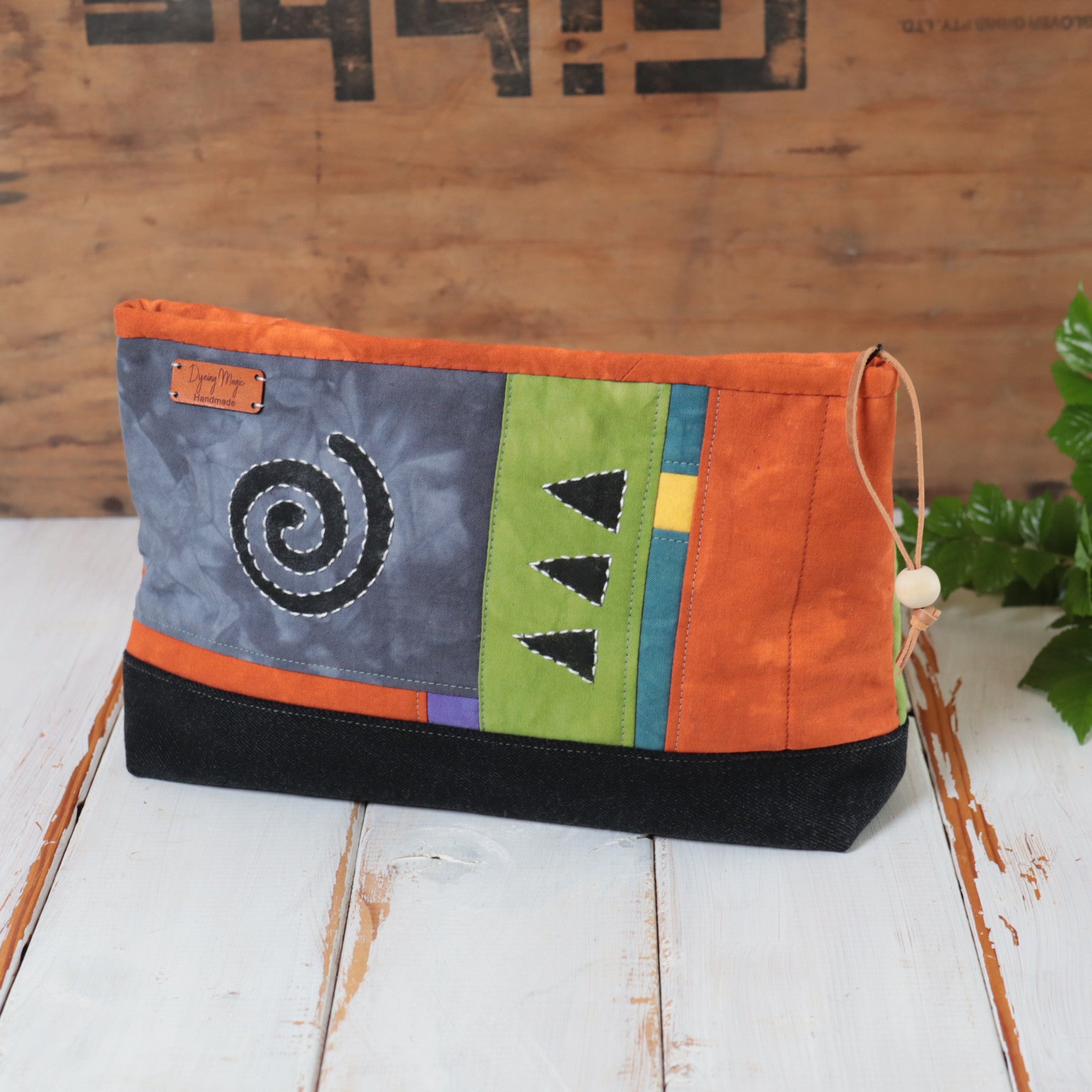 Hand Dyed Zipper Bag, Makeup Bag, Sewing Pouch, Ochre and Charcoal
