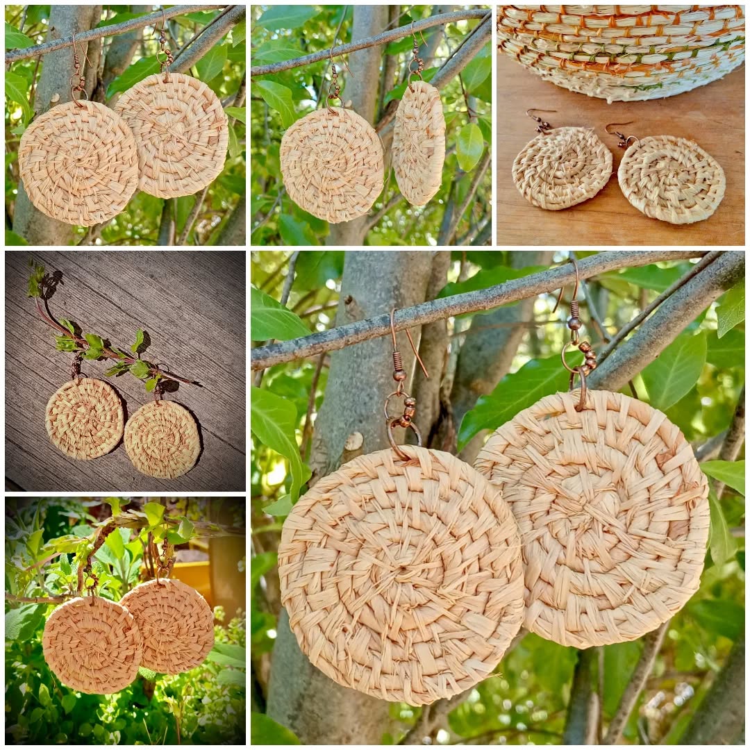 Woven Raffia Spiral Earrings, Various colours