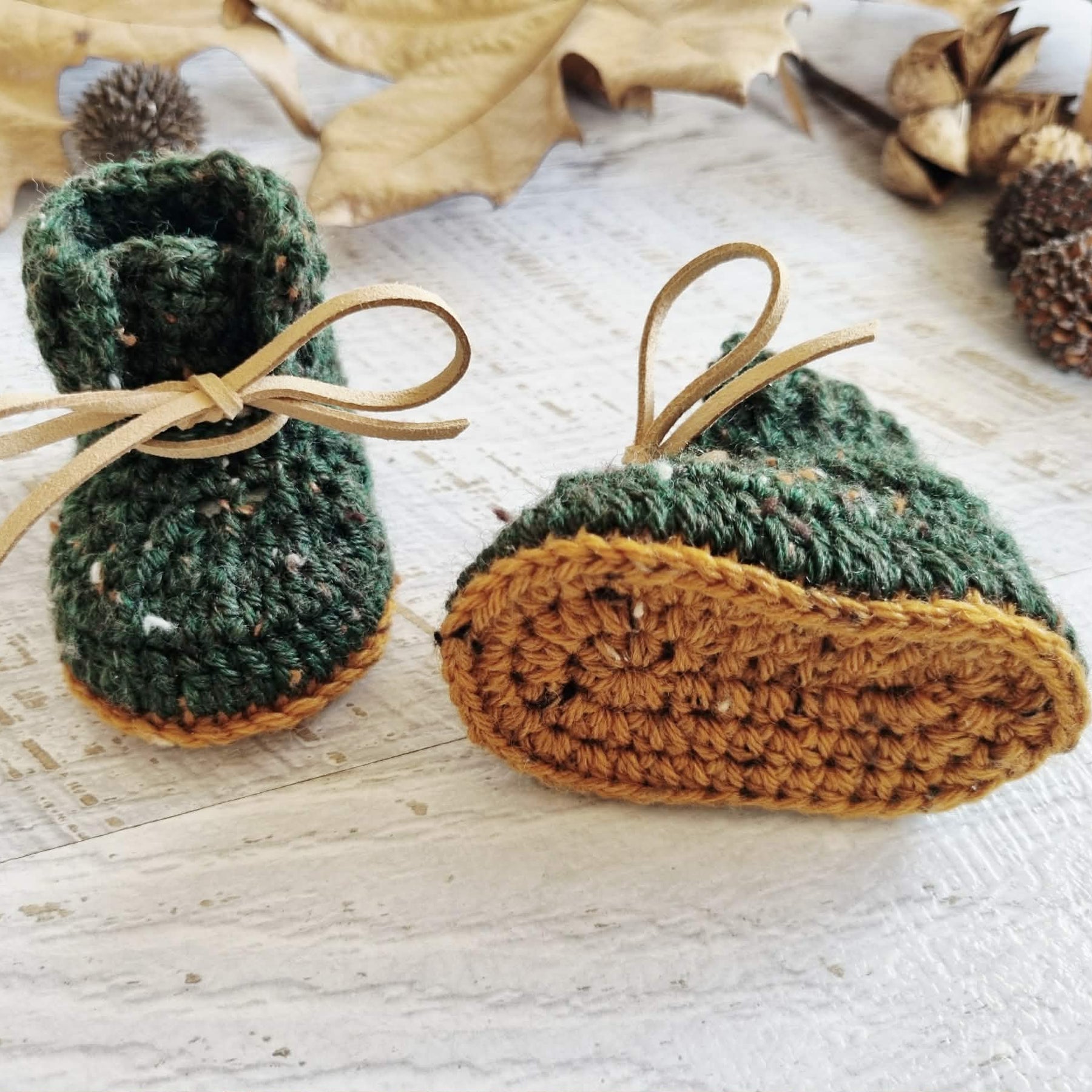 Baby Booties | Forest Green Tweed | Newborn | Crochet | Knit | Shoes | Socks