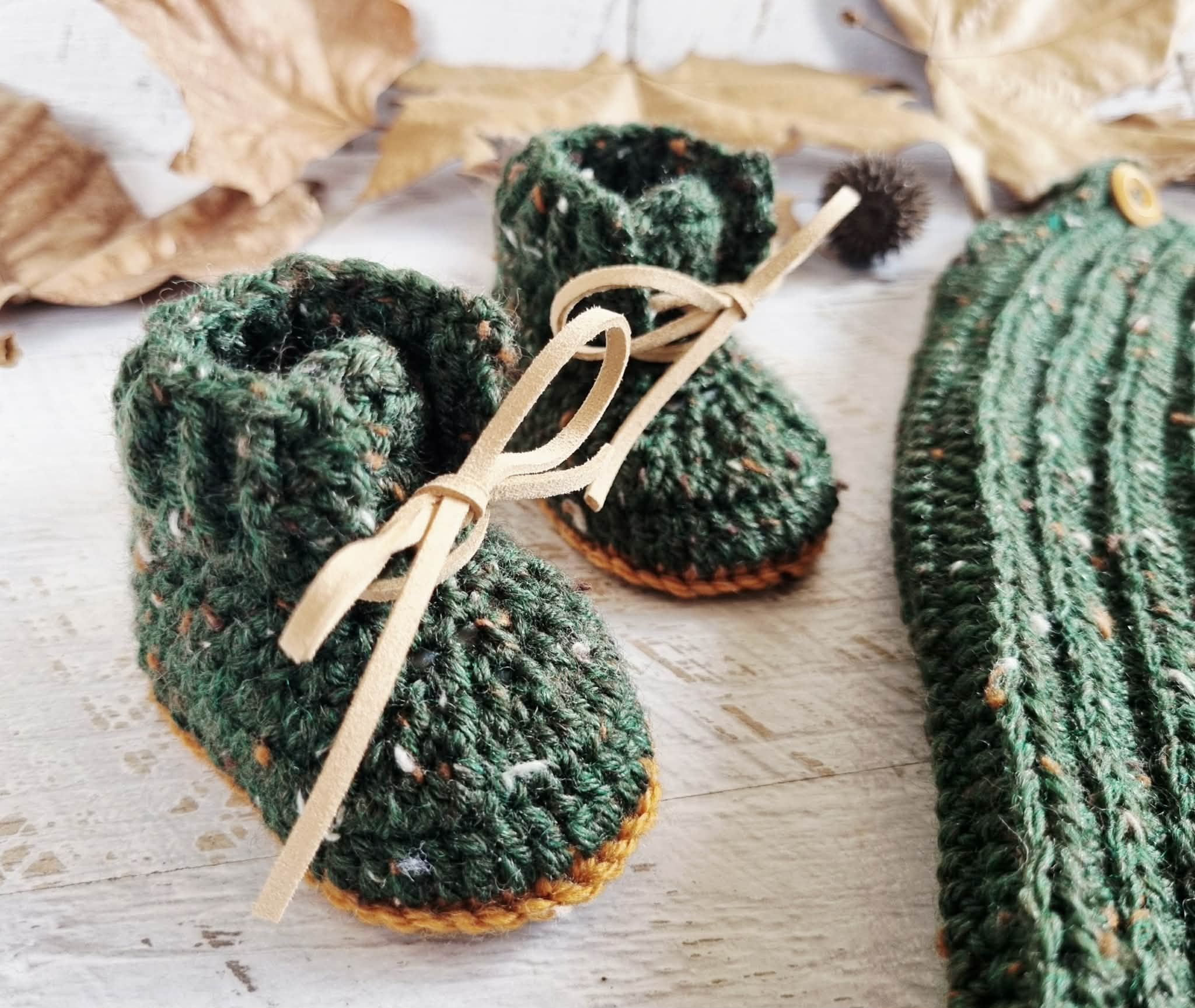 Baby Booties | Forest Green Tweed | Newborn | Crochet | Knit | Shoes | Socks