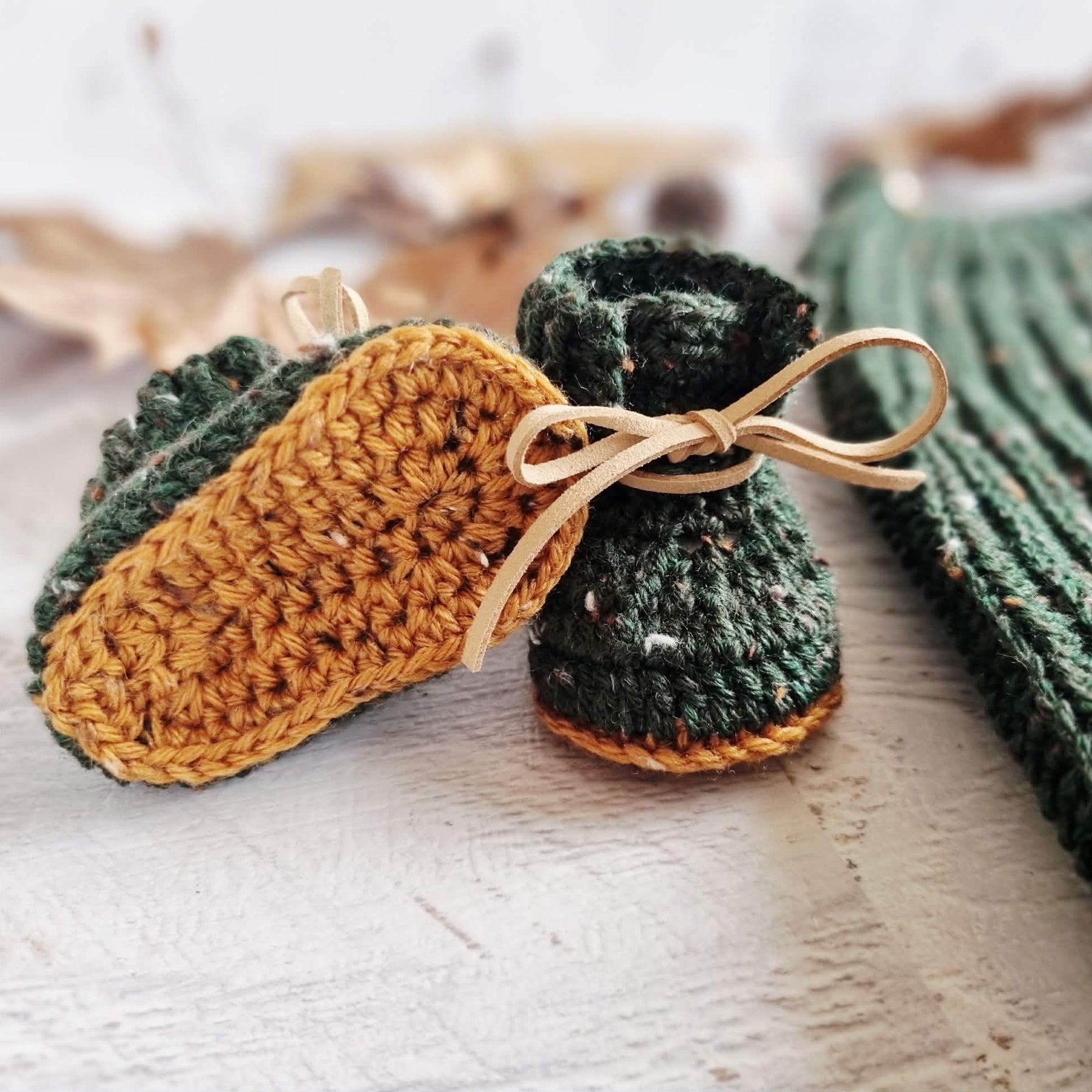 Baby Booties | Forest Green Tweed | Newborn | Crochet | Knit | Shoes | Socks