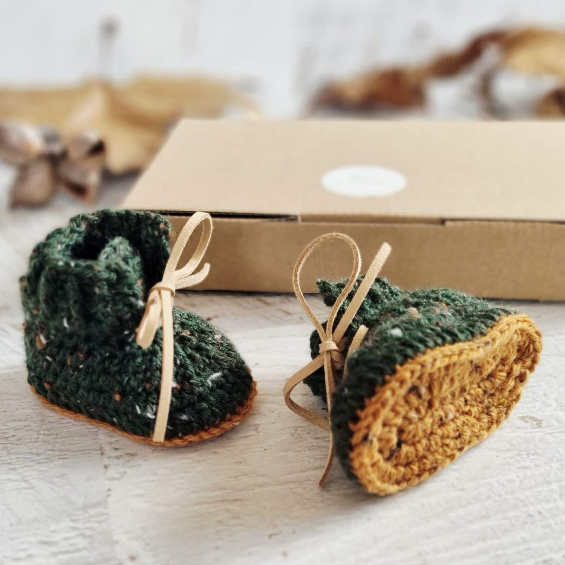 Baby Booties | Forest Green Tweed | Newborn | Crochet | Knit | Shoes | Socks