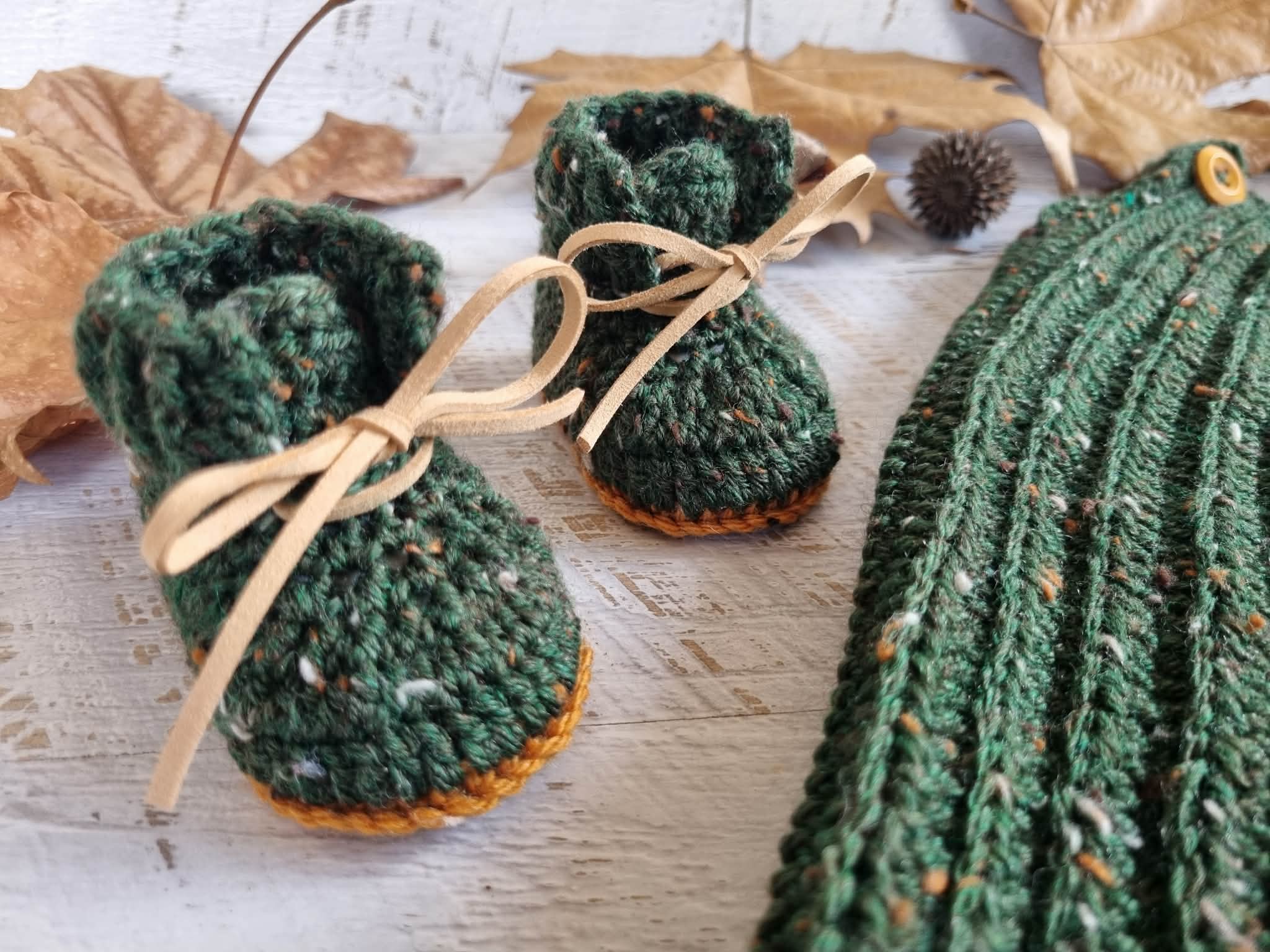 Baby Booties | Forest Green Tweed | Newborn | Crochet | Knit | Shoes | Socks