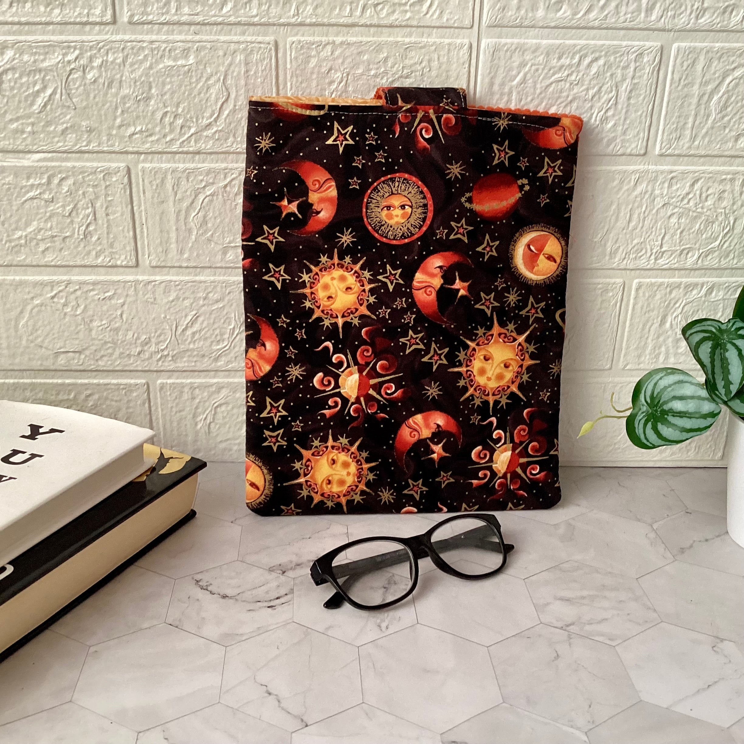 Cosmic Sun and Moon fabric book sleeve with 2 pockets. iPad, tablet pouch