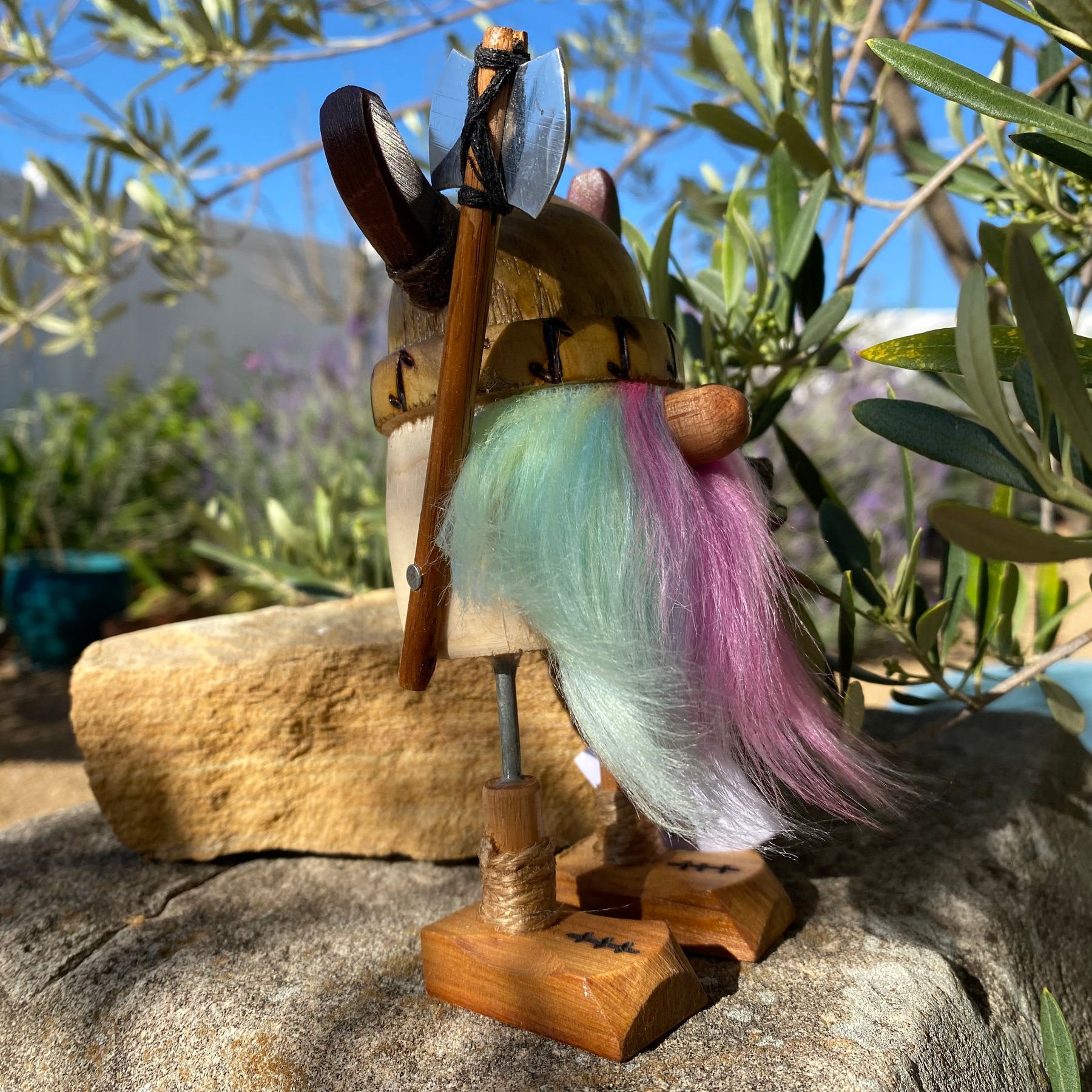 Handmade Wooden Viking Figure with Rainbow Beard – Recycled Australian Timber Decor