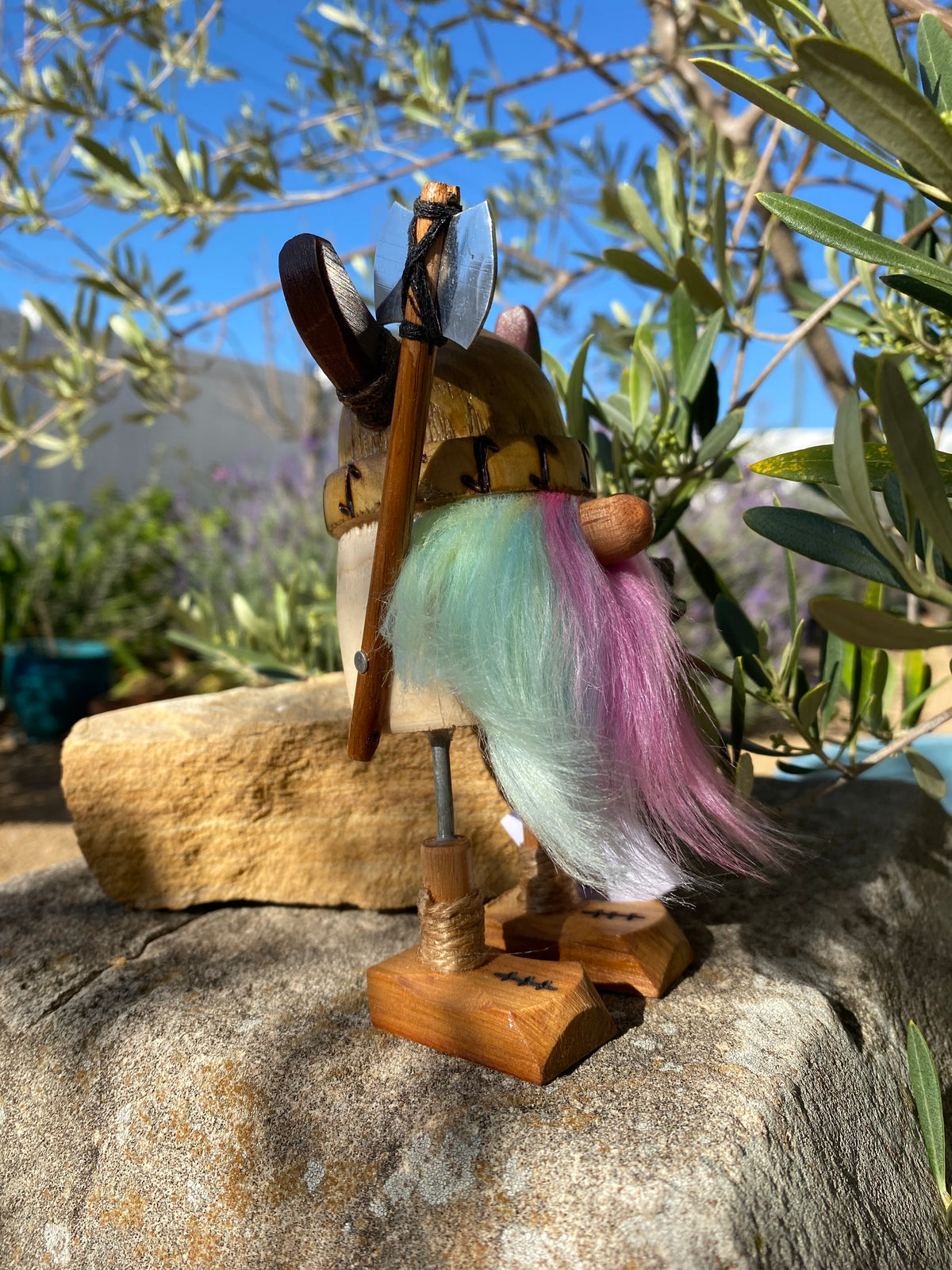 Handmade Wooden Viking Figure with Rainbow Beard – Recycled Australian Timber Decor