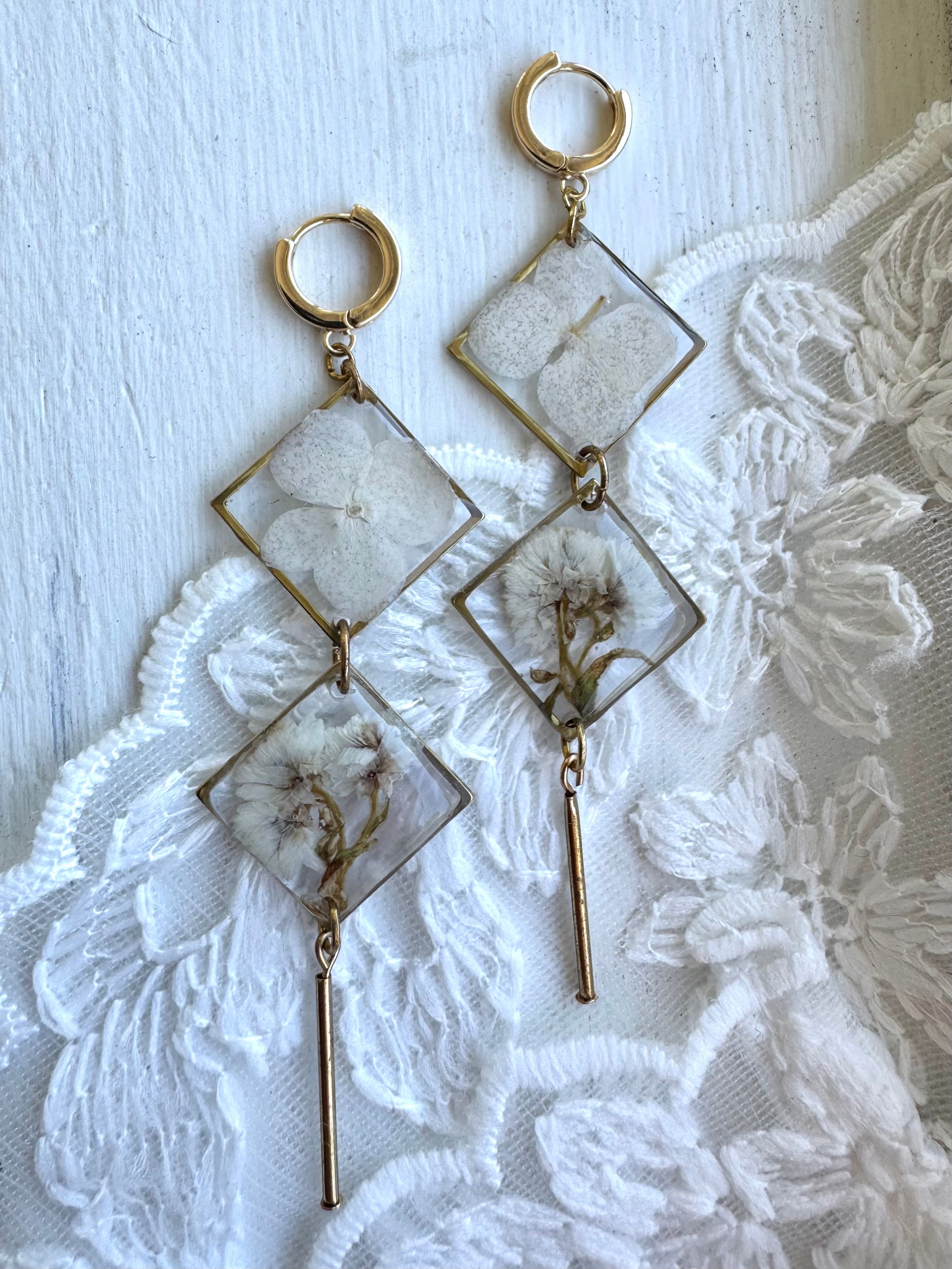 Floral double rhombus resin earrings