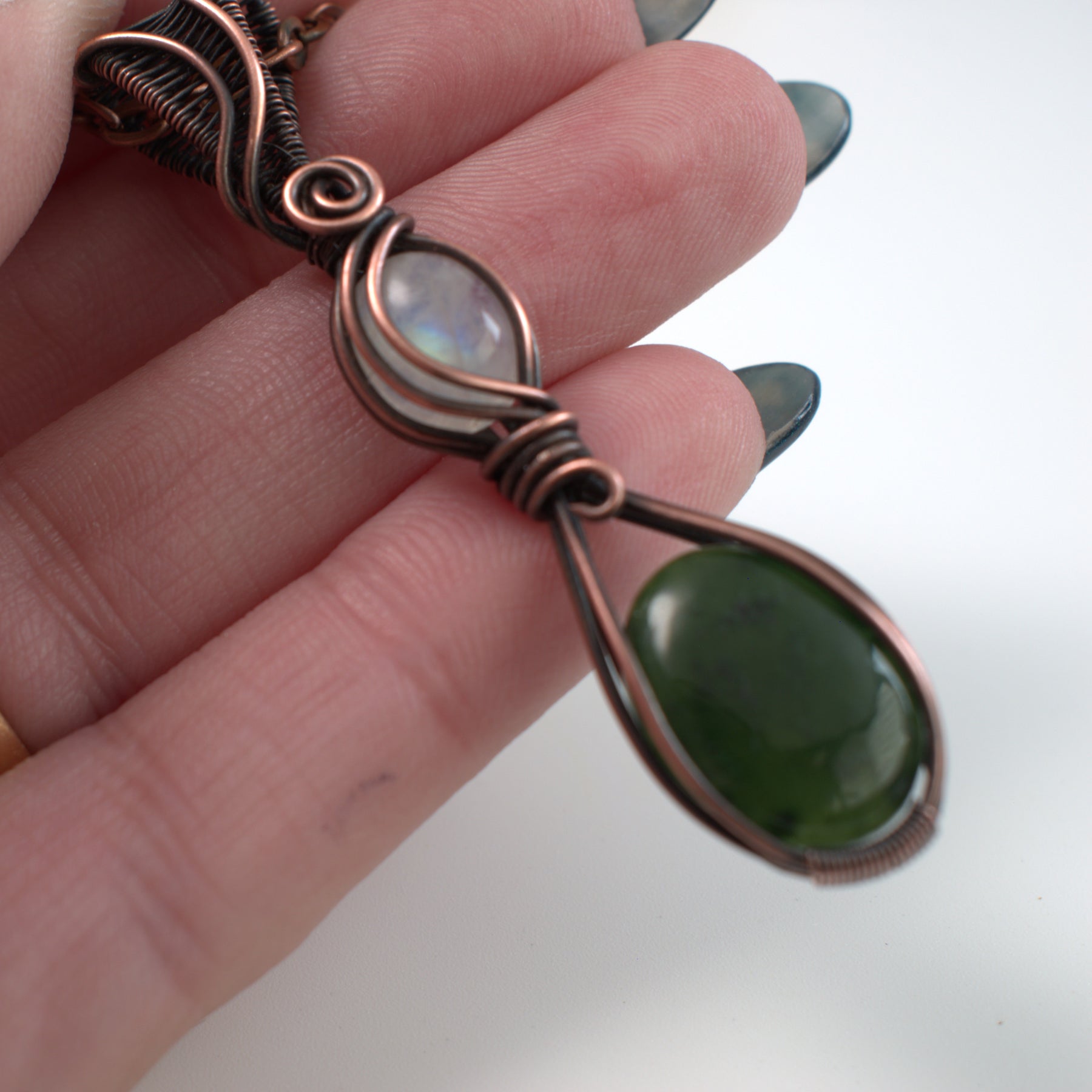 Forest Moon - Nephrite & Moonstone Copper Pendant