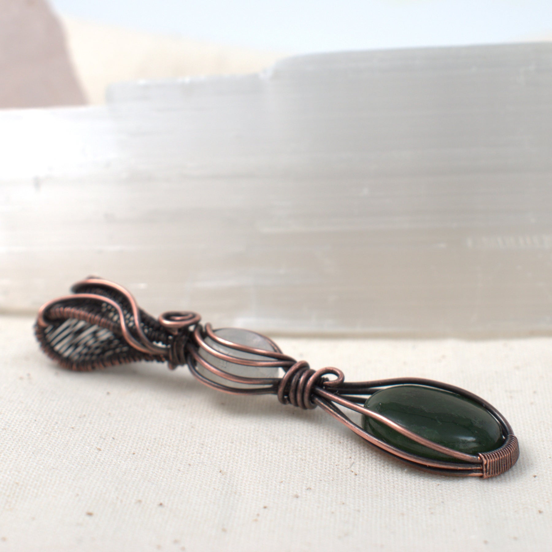 Forest Moon - Nephrite & Moonstone Copper Pendant