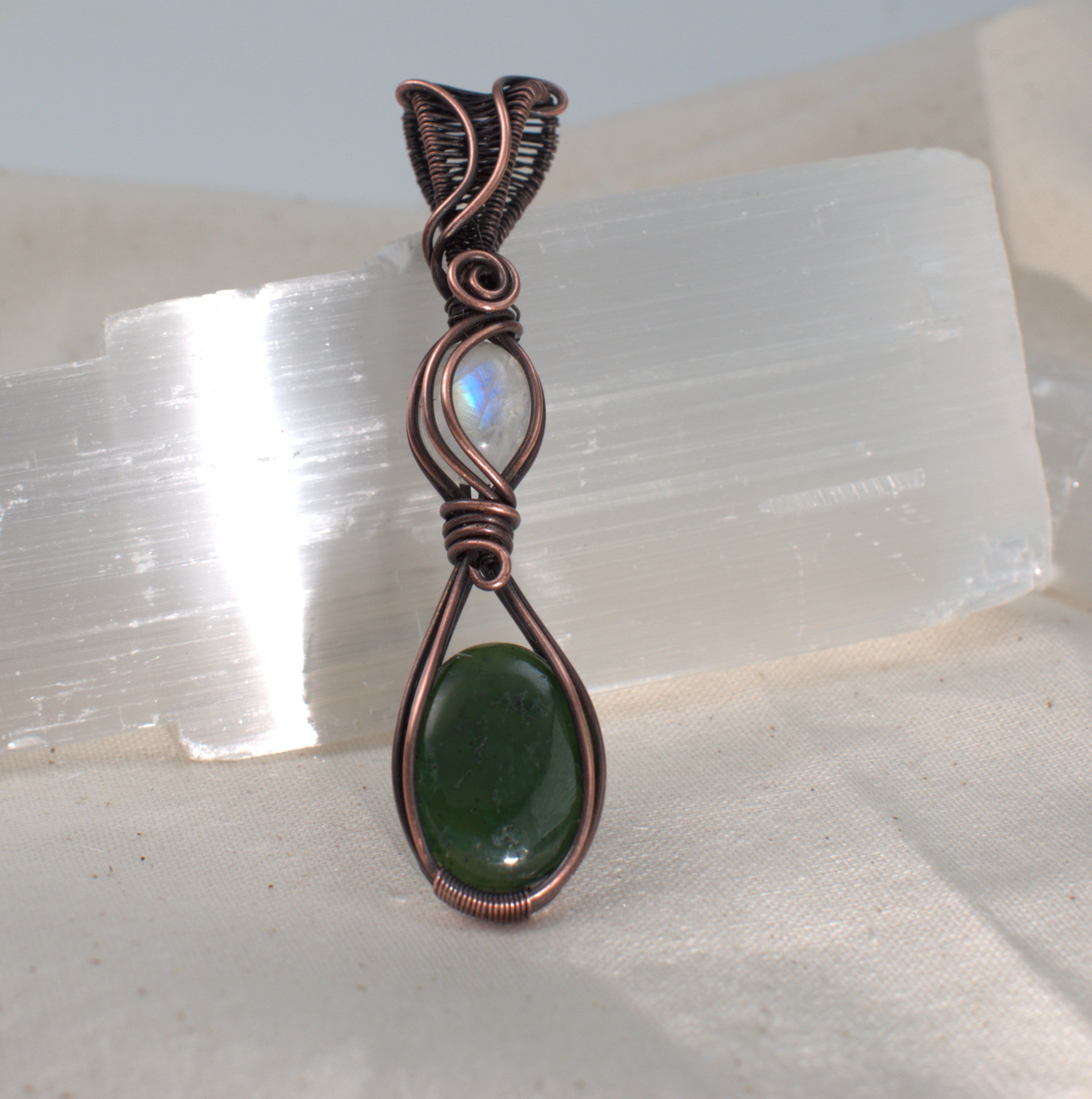 Forest Moon - Nephrite & Moonstone Copper Pendant