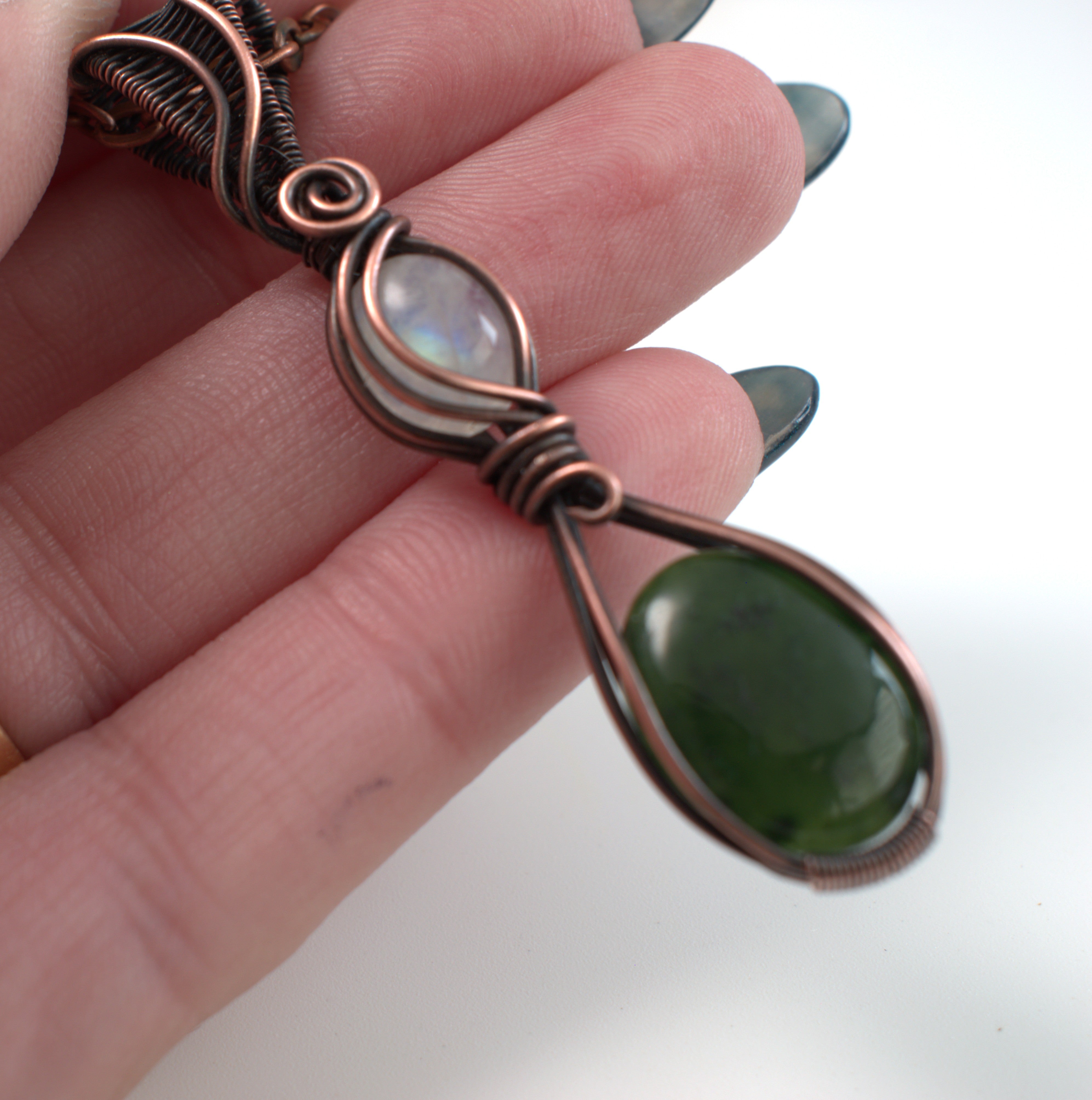 Forest Moon - Nephrite & Moonstone Copper Pendant