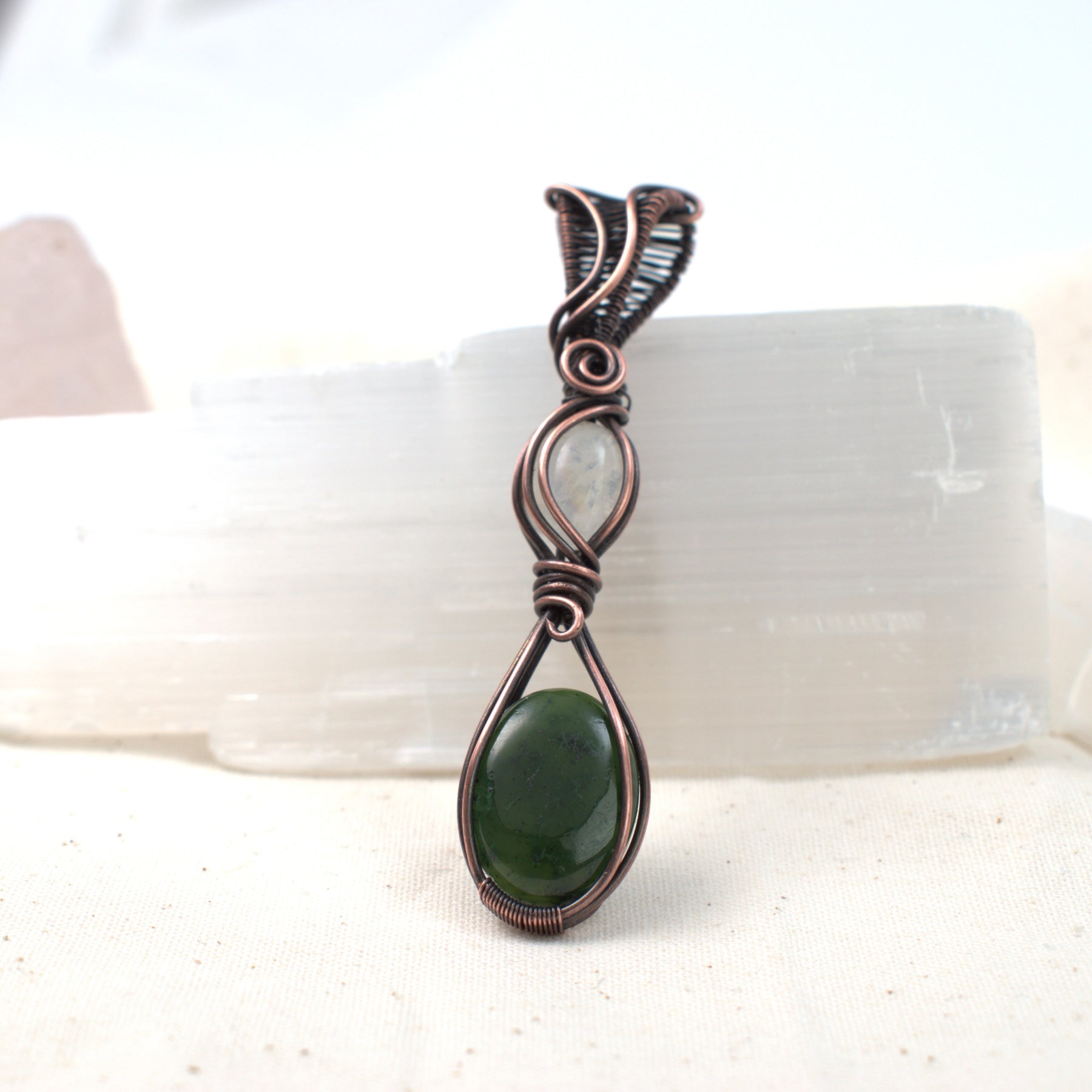 Forest Moon - Nephrite & Moonstone Copper Pendant