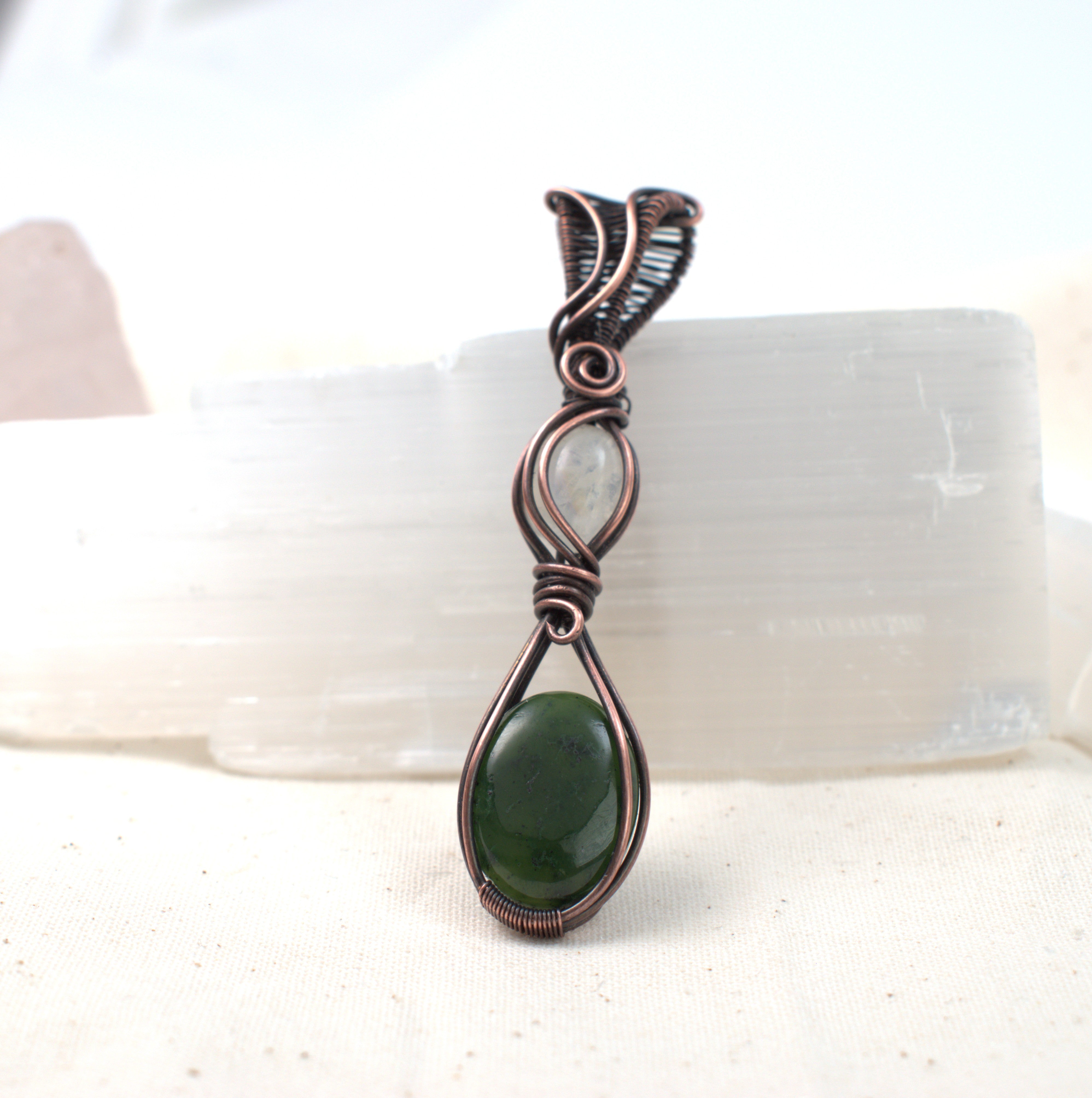 Forest Moon - Nephrite & Moonstone Copper Pendant