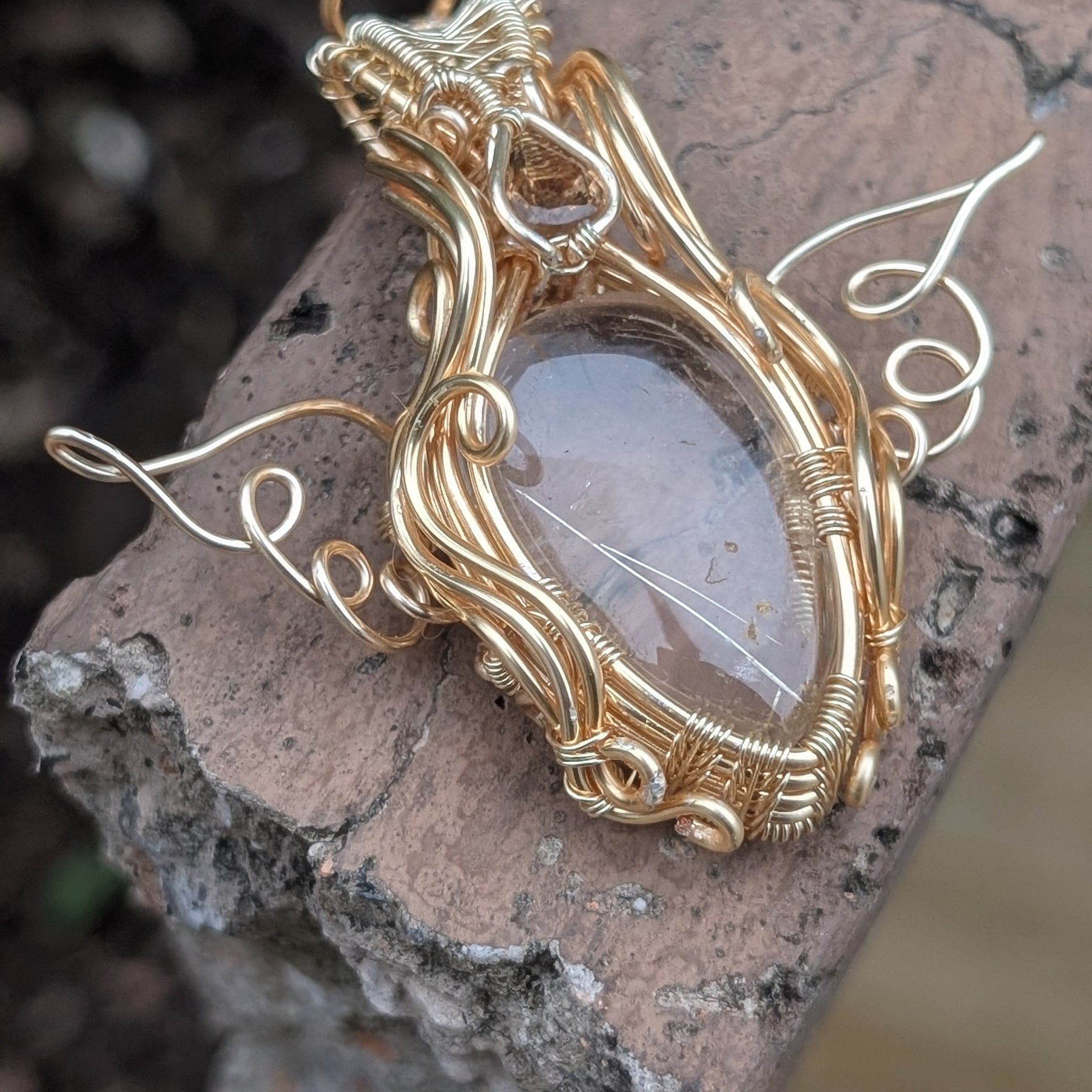 Aetheria - Golden Rutile Quartz with Tourmaline Facet in Gold Coloured Copper