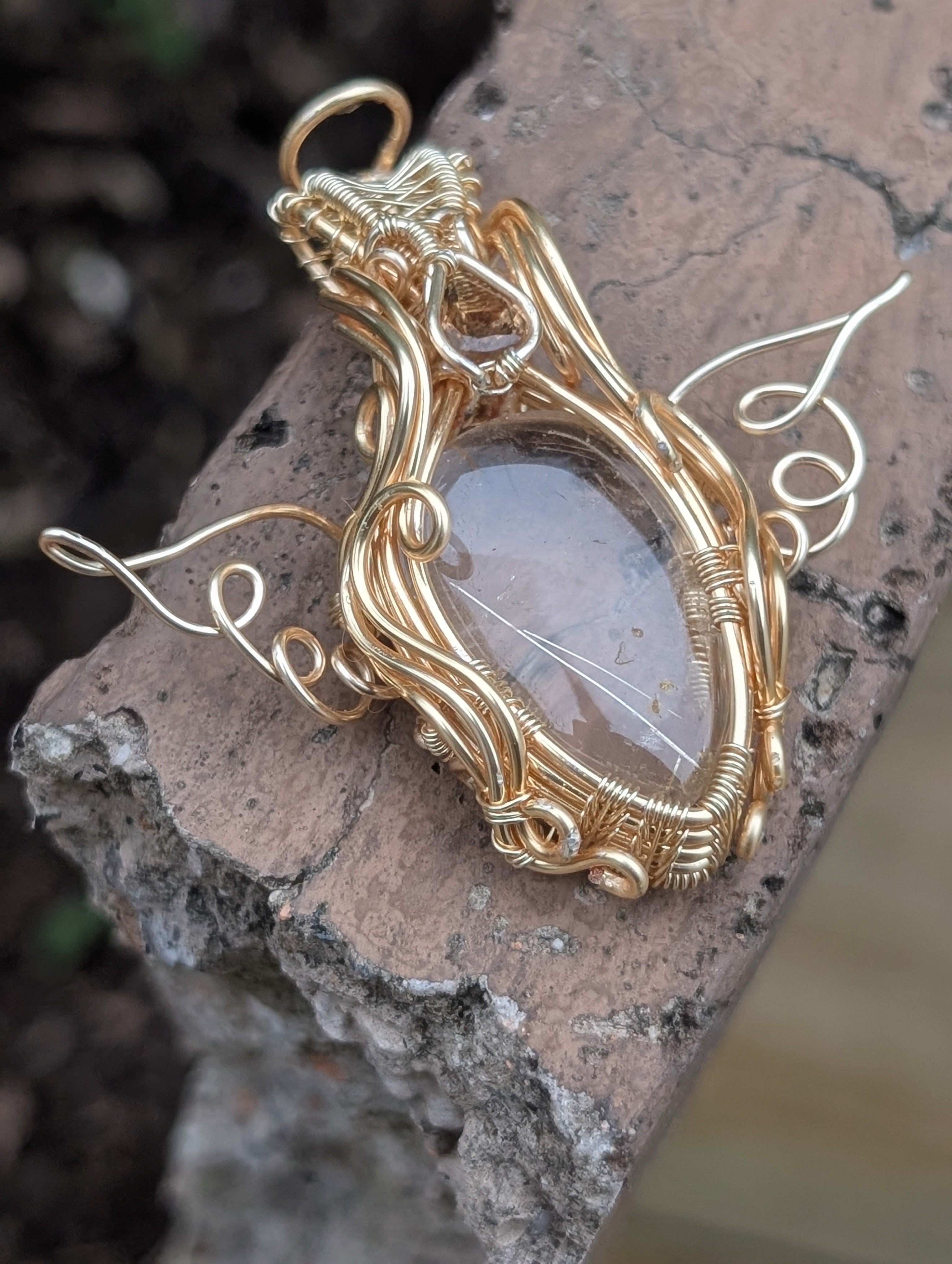 Aetheria - Golden Rutile Quartz with Tourmaline Facet in Gold Coloured Copper