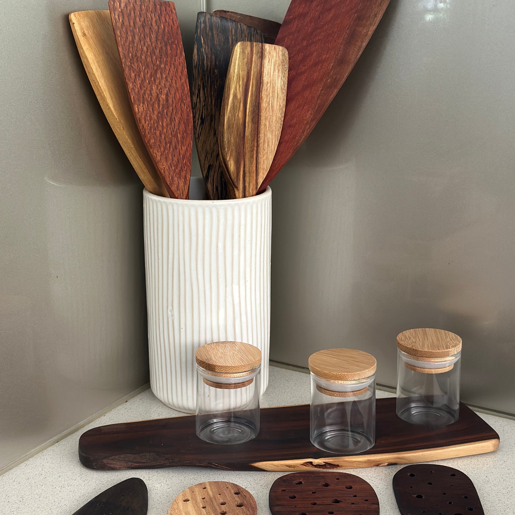 Tray with glass herb storage jars