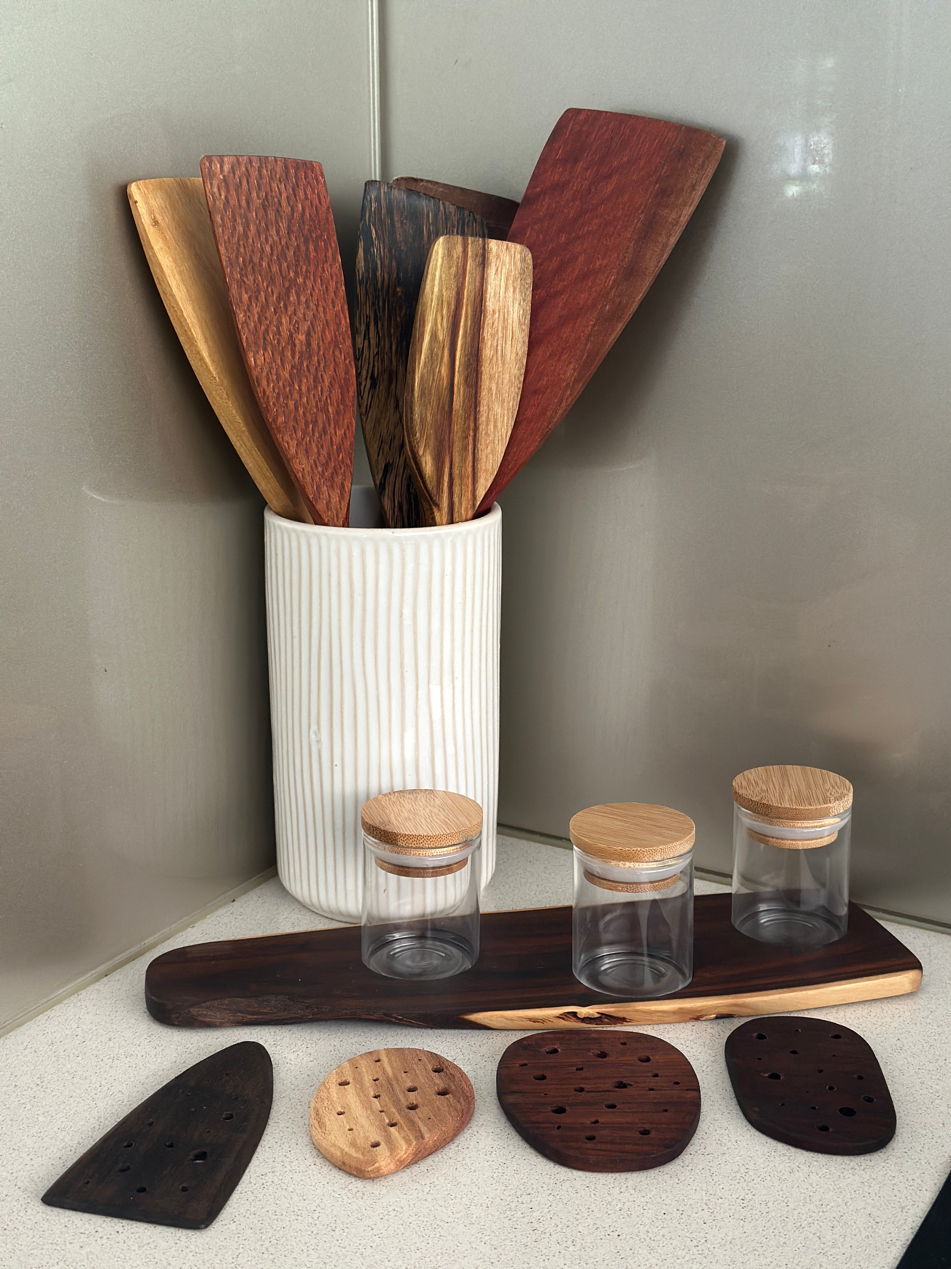 Tray with glass herb storage jars