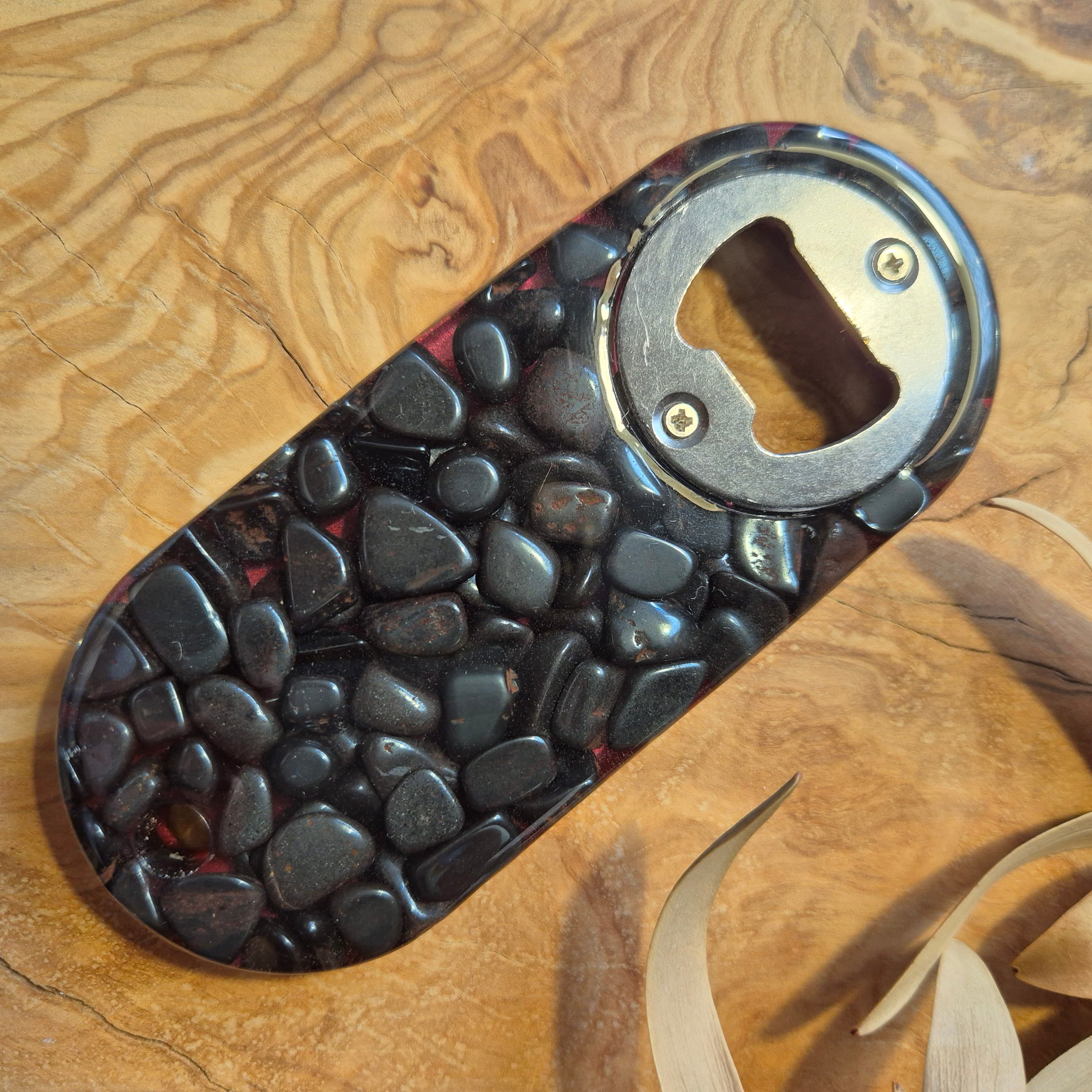 Resin bottle openers with inlaid semi-precious gemstones or sea glass