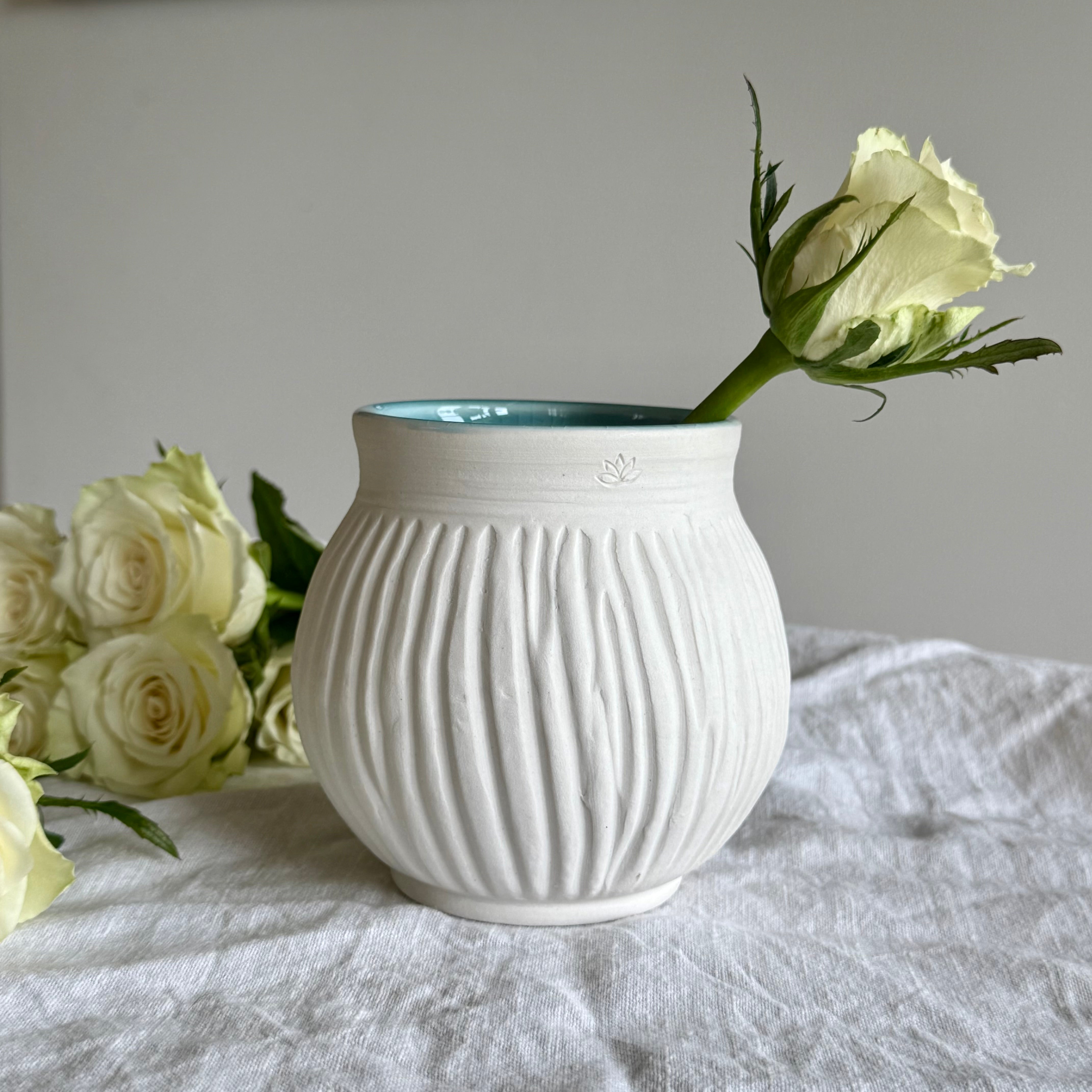 Aegean - Handcarved Raw Porcelain Vessel - White Blue Vase