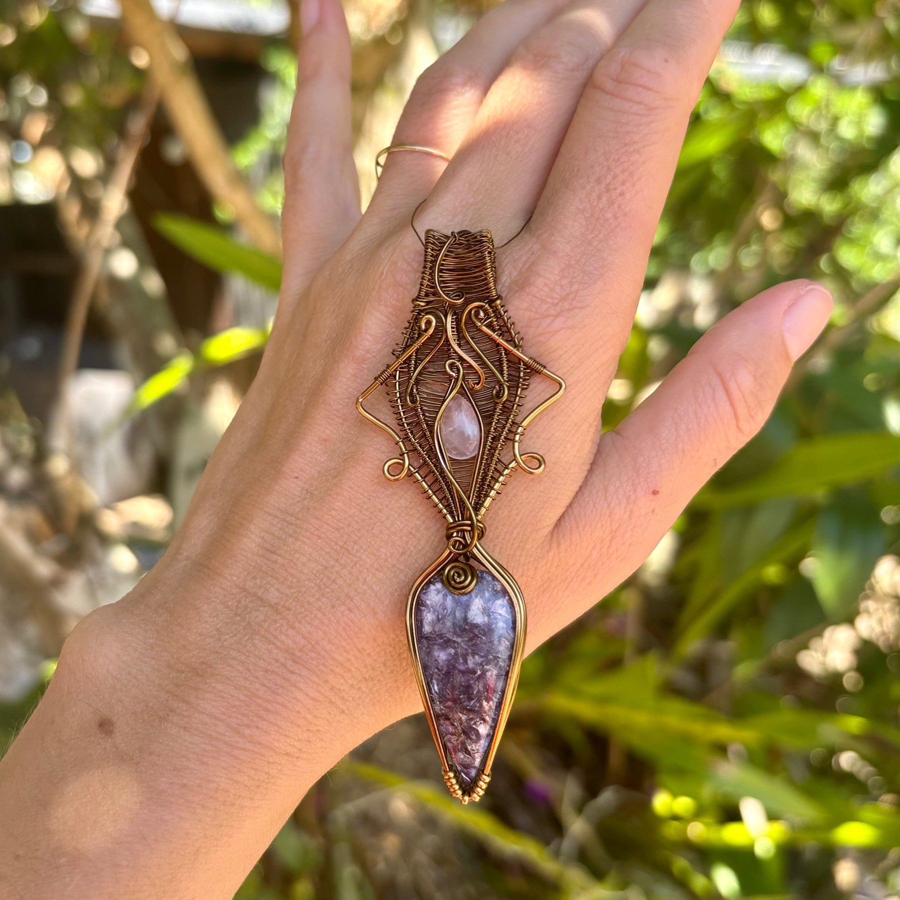 Rose Quartz Lepidolite Crystal pendant copper wire wrap
