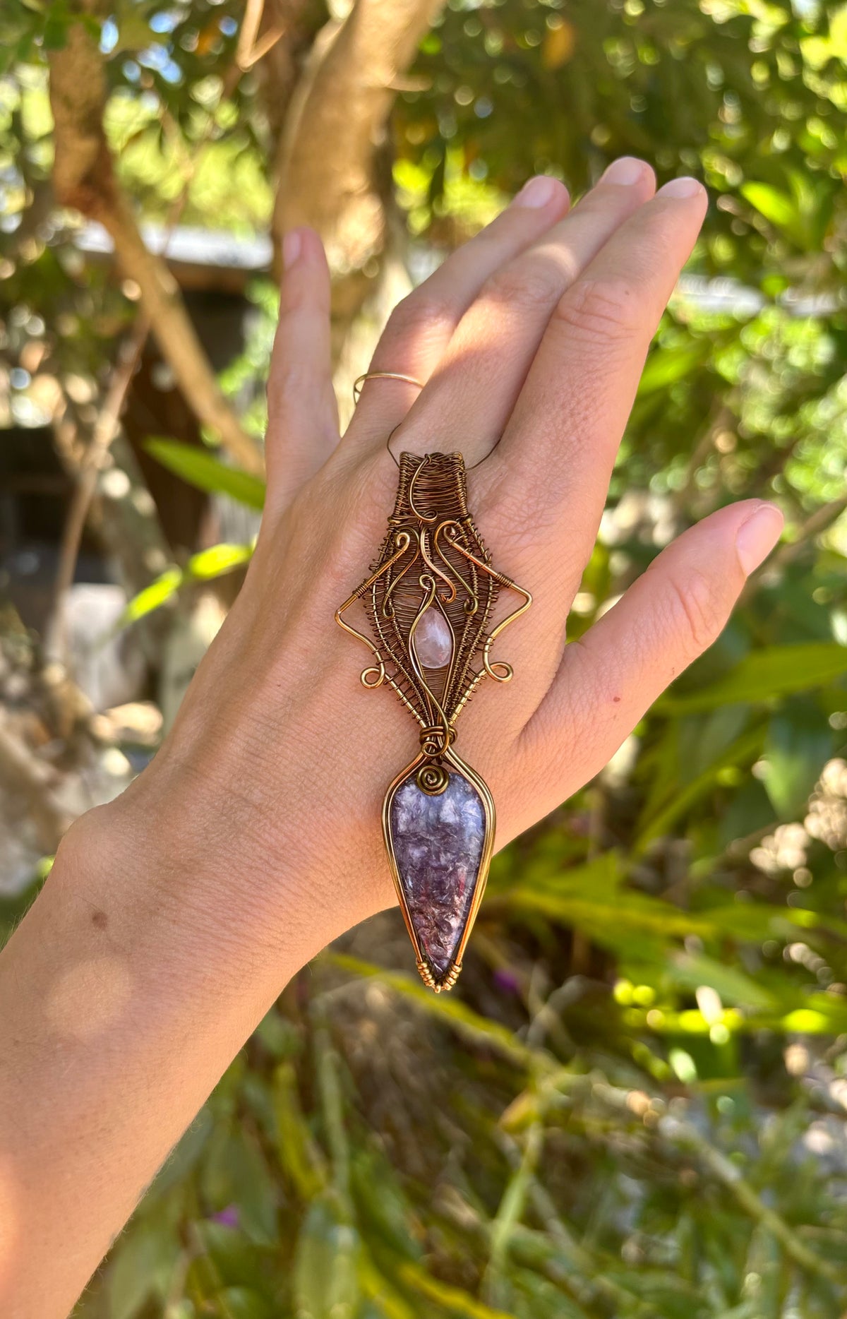 Rose Quartz Lepidolite Crystal pendant copper wire wrap