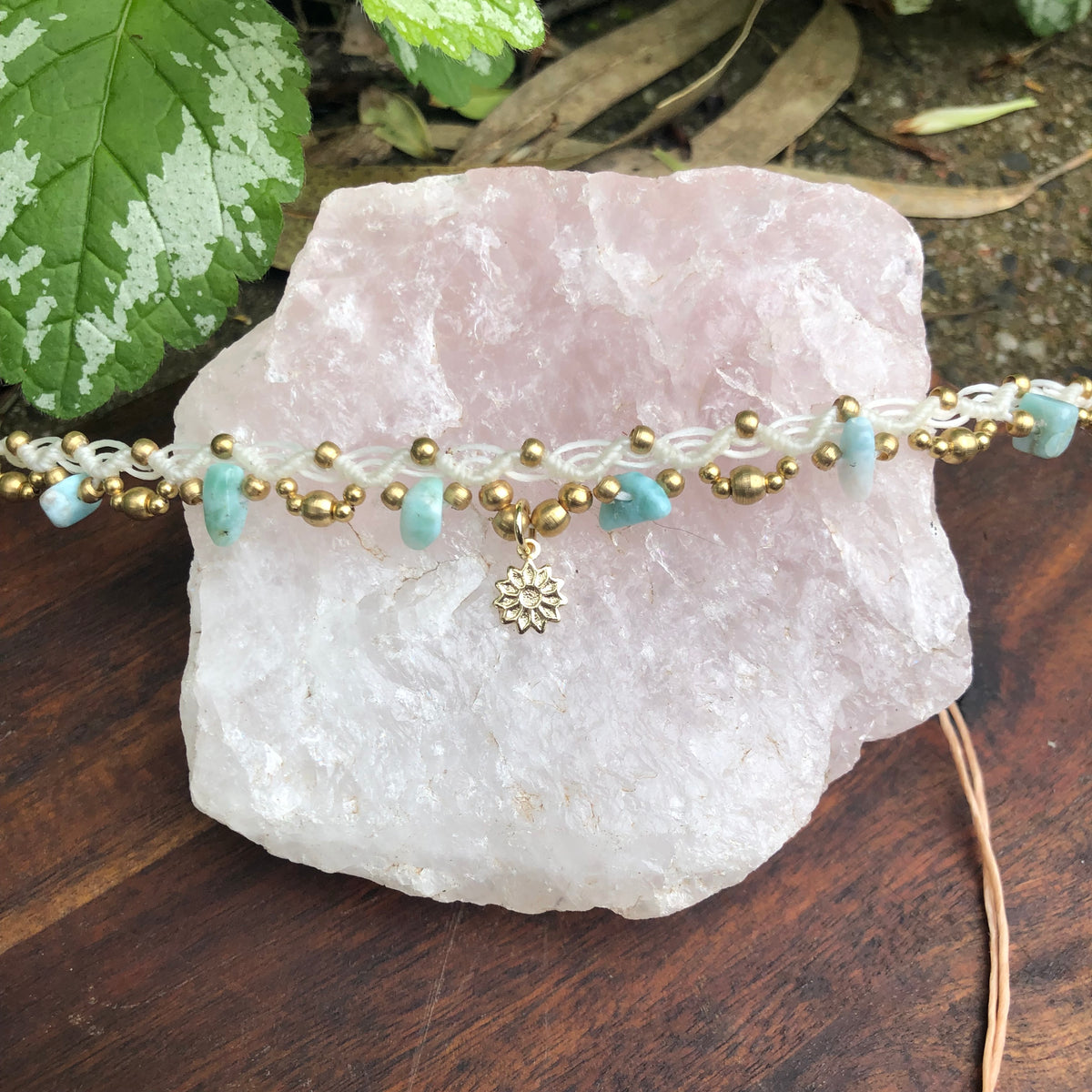 Larimar Gemstone Macrame Anklet: Boho Sunflower Charm, adjustable