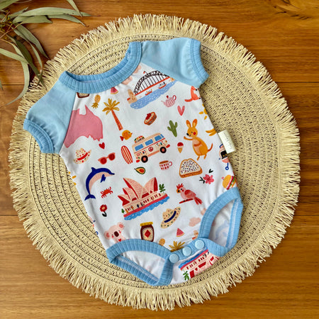 Baby Short Sleeved Bodysuit | Blue Aussie All Over | Size premmie to 2 | Made to order