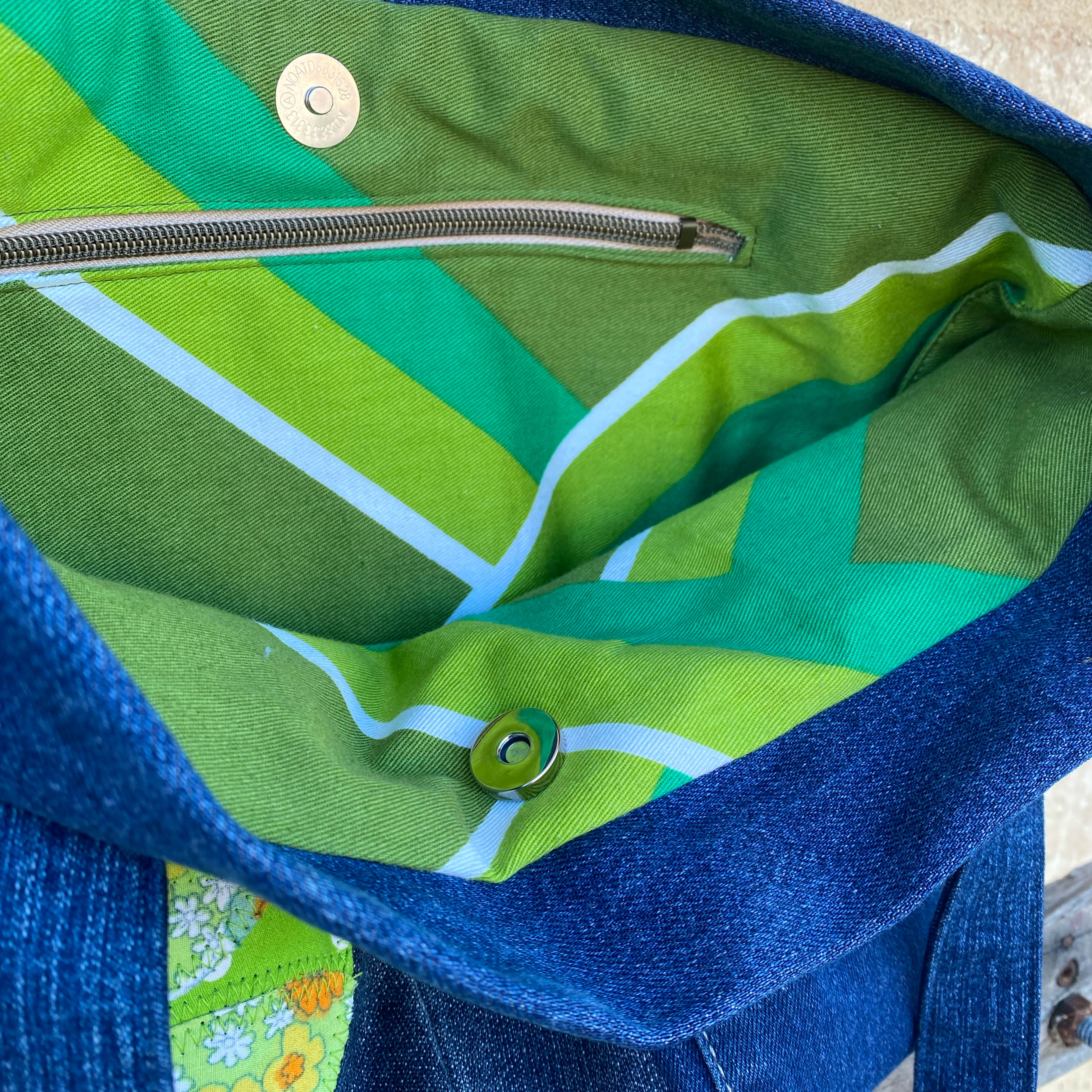Green Wing Denim Handmade Tote Bag Upcycled Vintage Fabrics & Denim