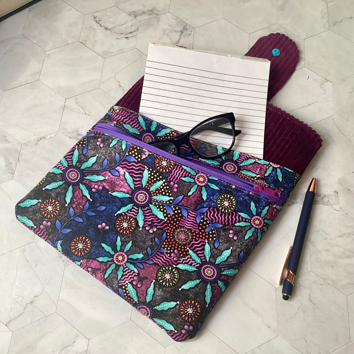 Indigenous print fabric book sleeve with 2 pockets. iPad, tablet pouch