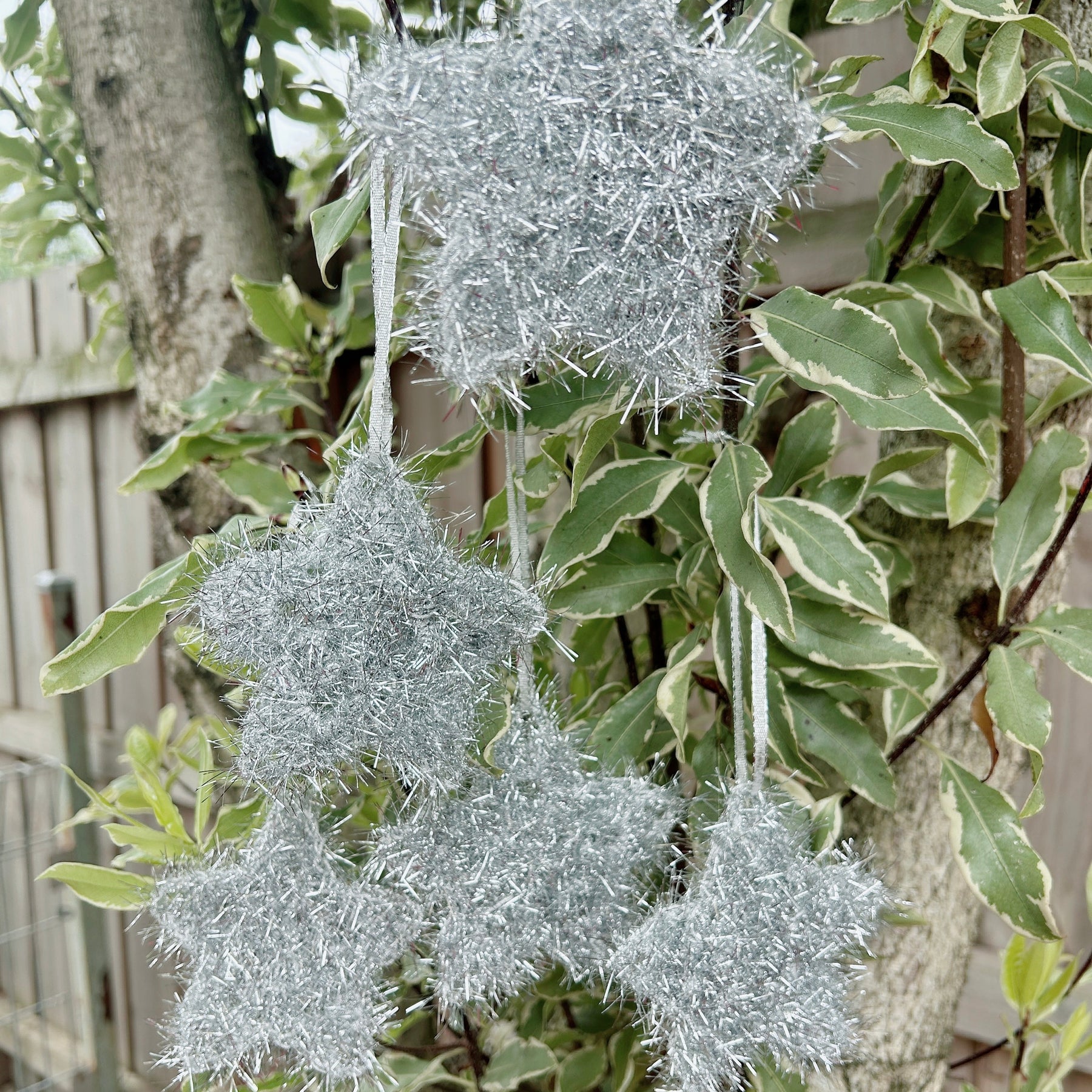 Handmade Crochet Silver Tinsel Christmas Star Ornaments – Set of 5