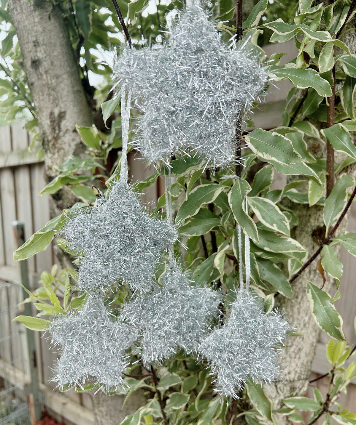 Handmade Crochet Silver Tinsel Christmas Star Ornaments – Set of 5